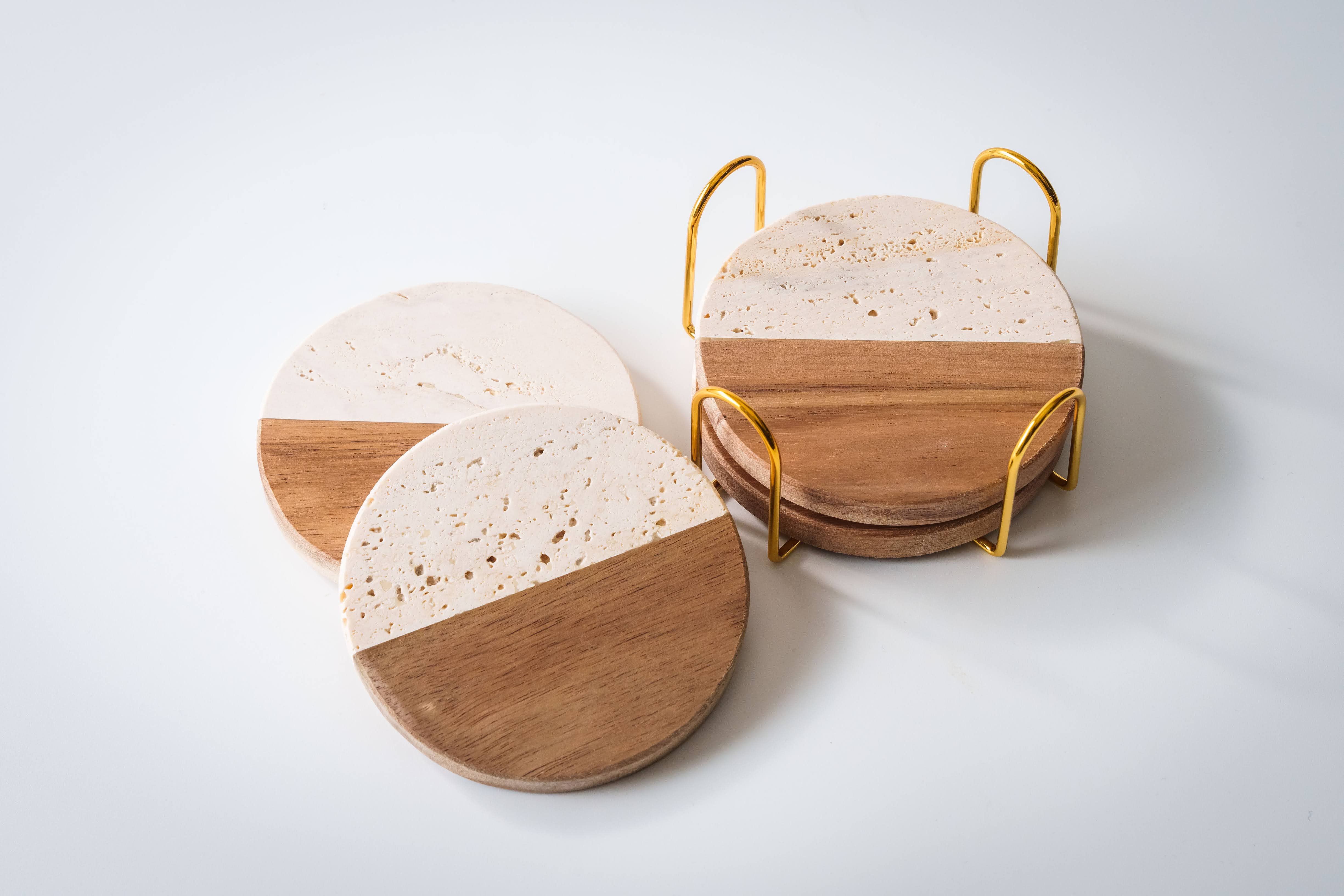 Travetine Wood Marble Coaster Set