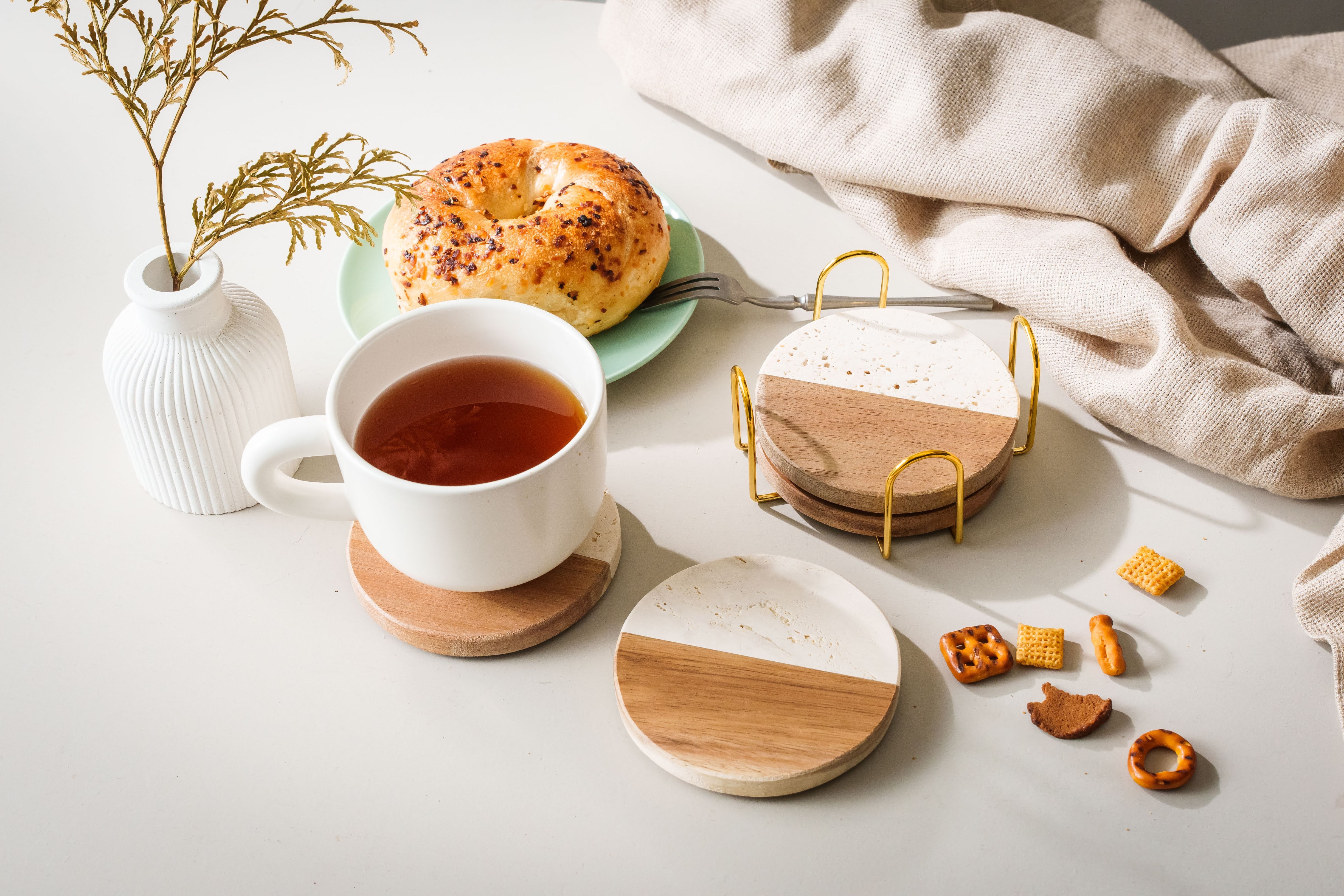 Travetine Wood Marble Coaster Set