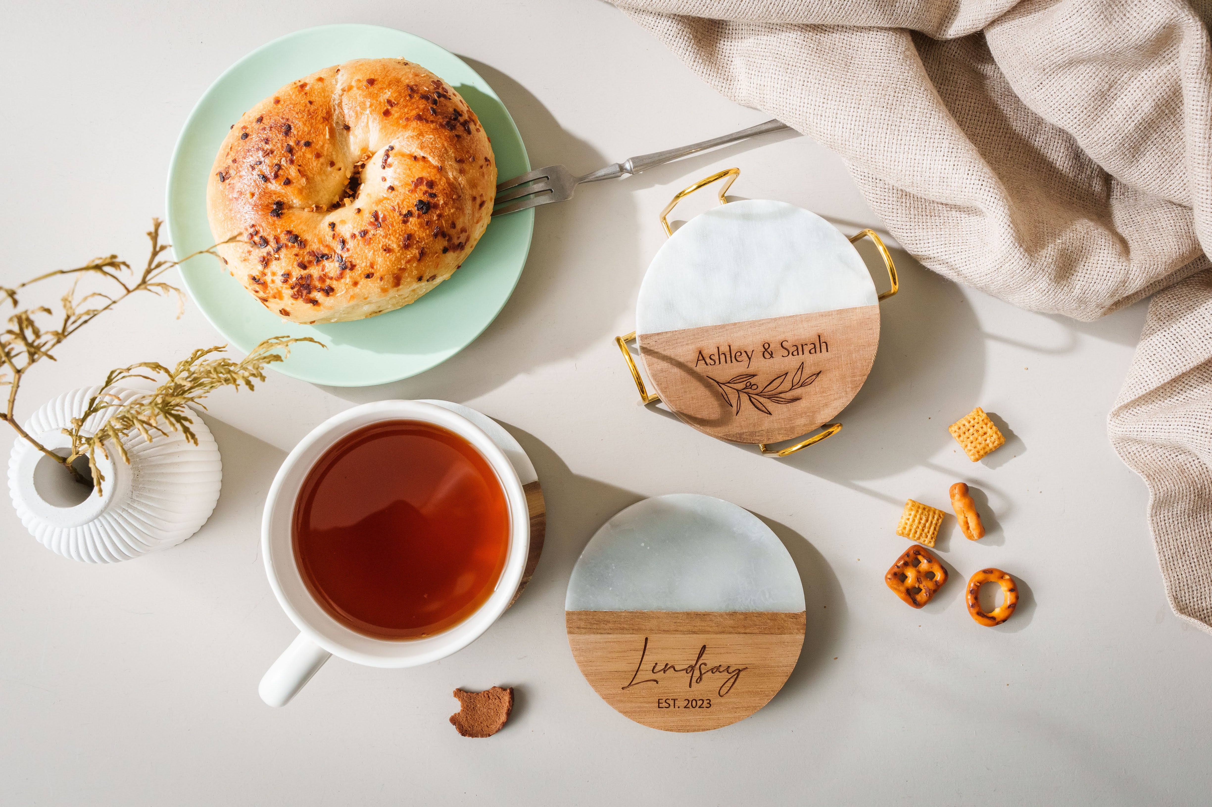 Bianco Marble Wood Coaster Set