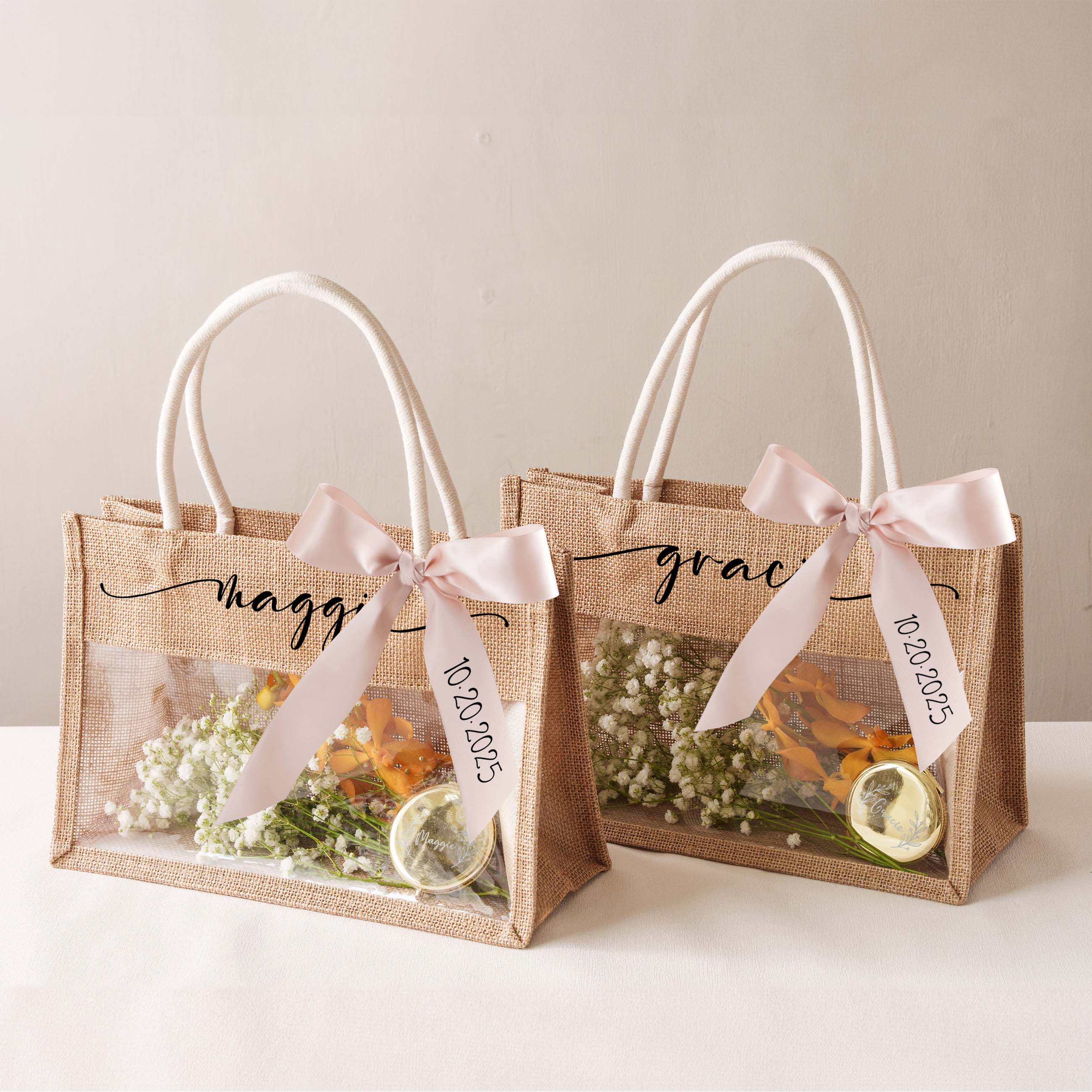 Personalize Jute Burlap Tote Bags with Ribbon
