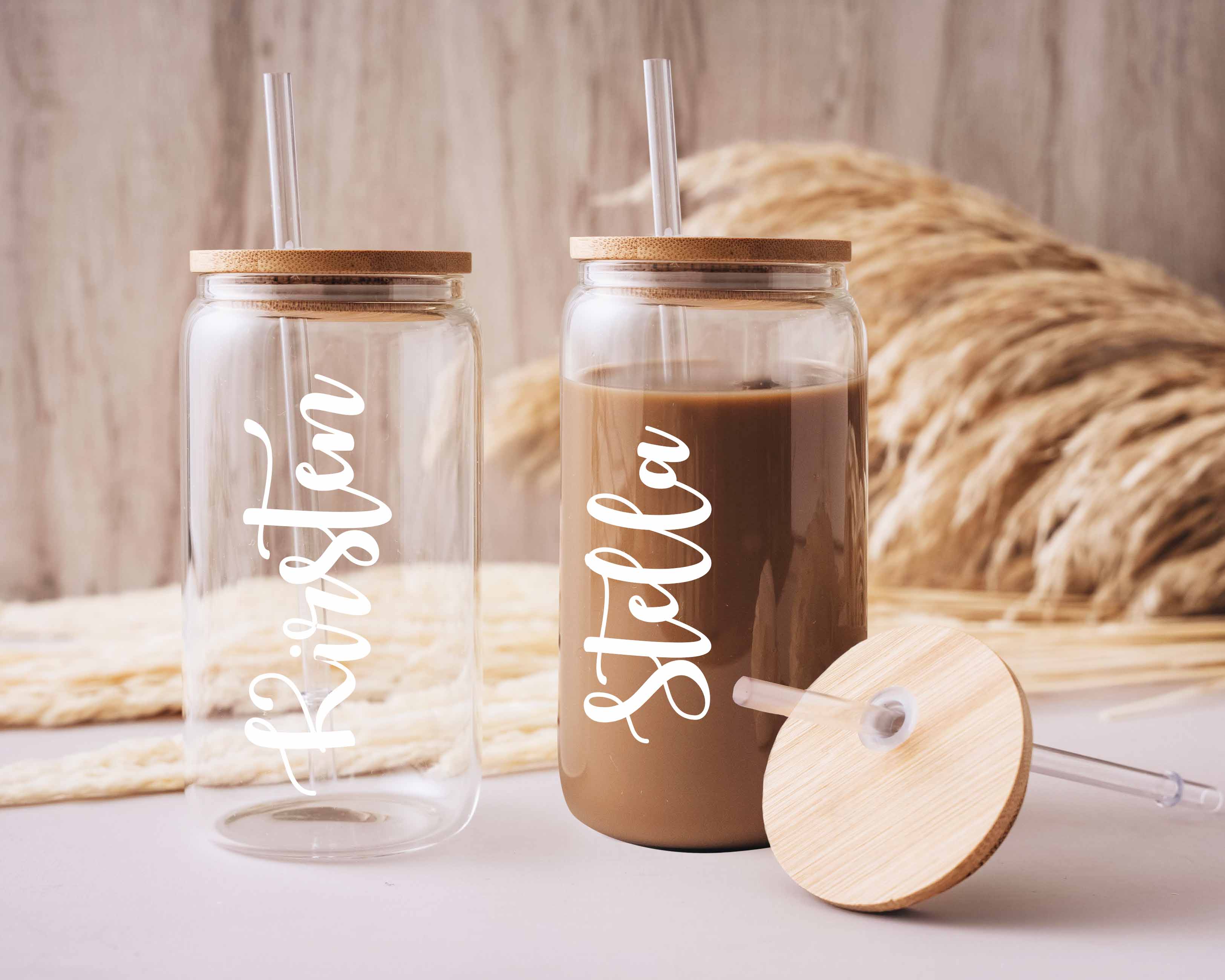 16oz Sublimation Glass Cup with Straw & Lid - White Font Name