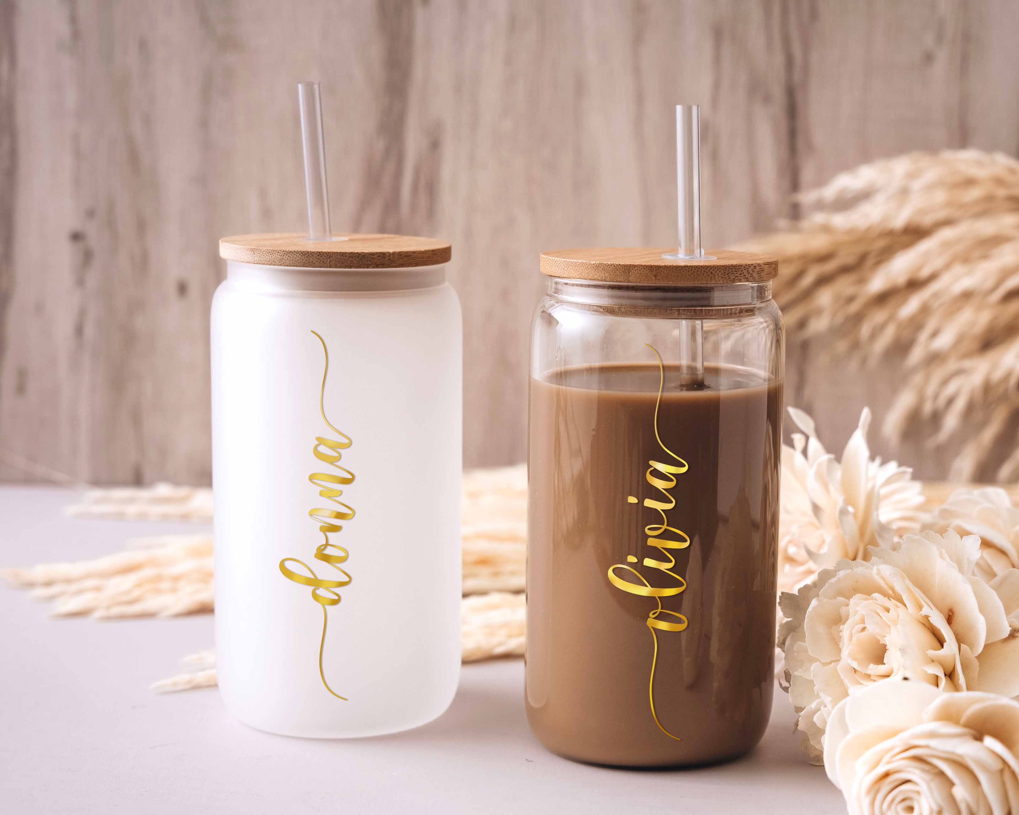 16oz Sublimation Glass Cup with Straw & Lid - White Font Name