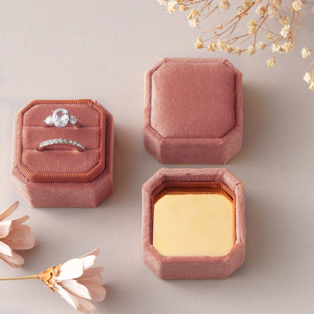 Double Slot Octagon Velvet Ring Box