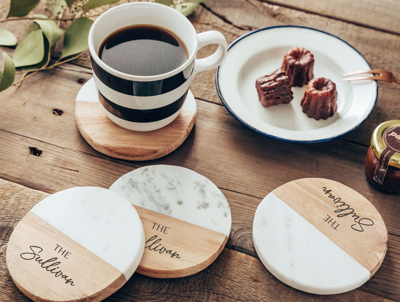 Bianco Marble Wood Coaster Set