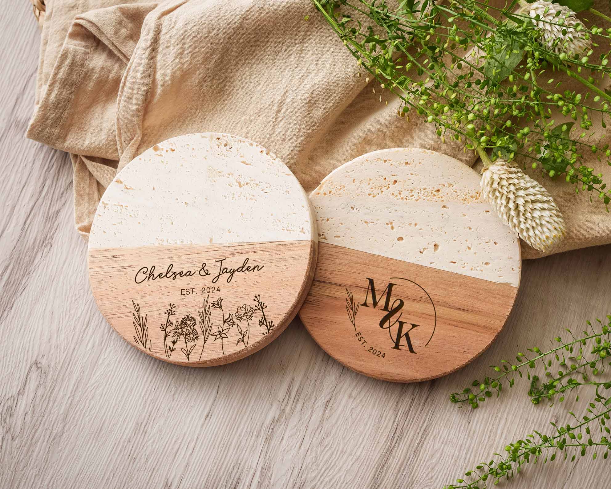 Travetine Wood Marble Coaster Set