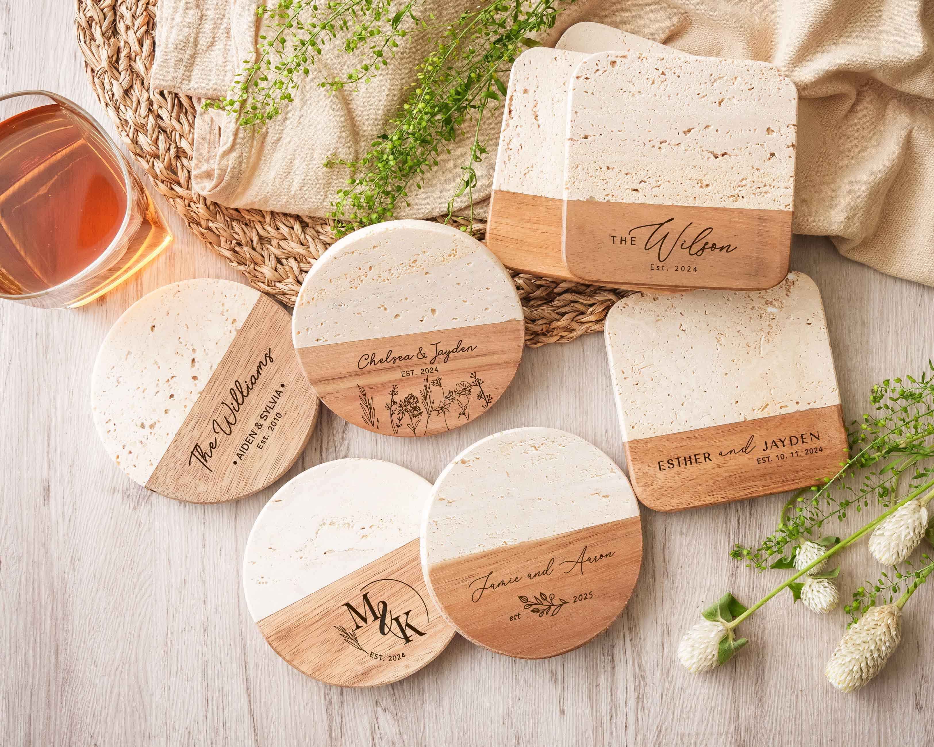 Travetine Wood Marble Coaster Set