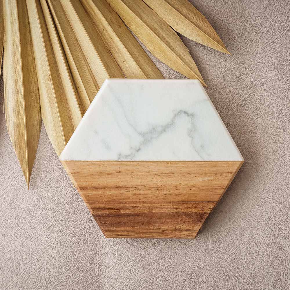Bianco Marble Wood Coaster Set