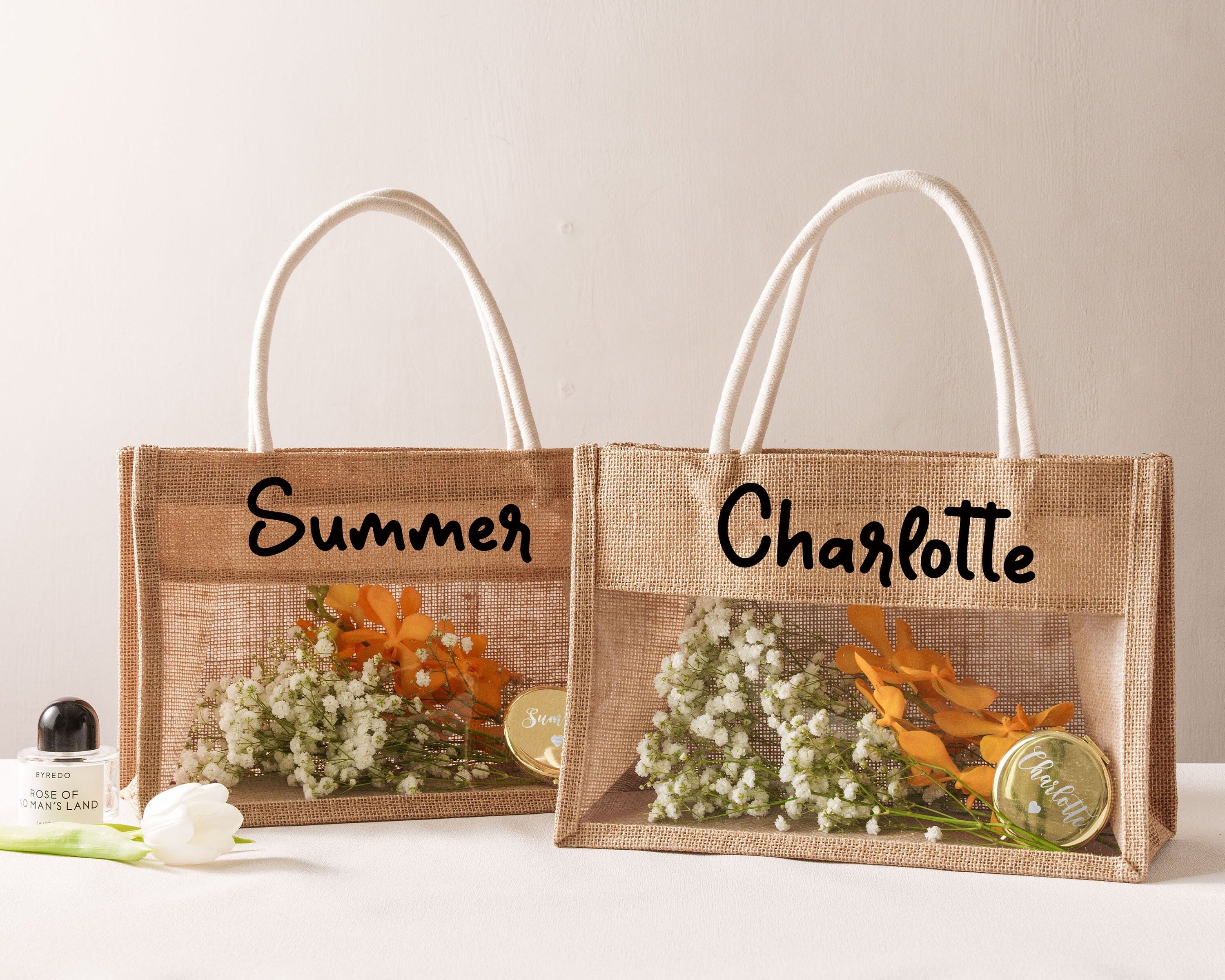 Personalize Jute Bridesmaid Burlap Tote Bags with Name, Bridal Party Beach Bag, Wedding Favor, Bridesmaid Proposal, Custom Reusable Bag Idea