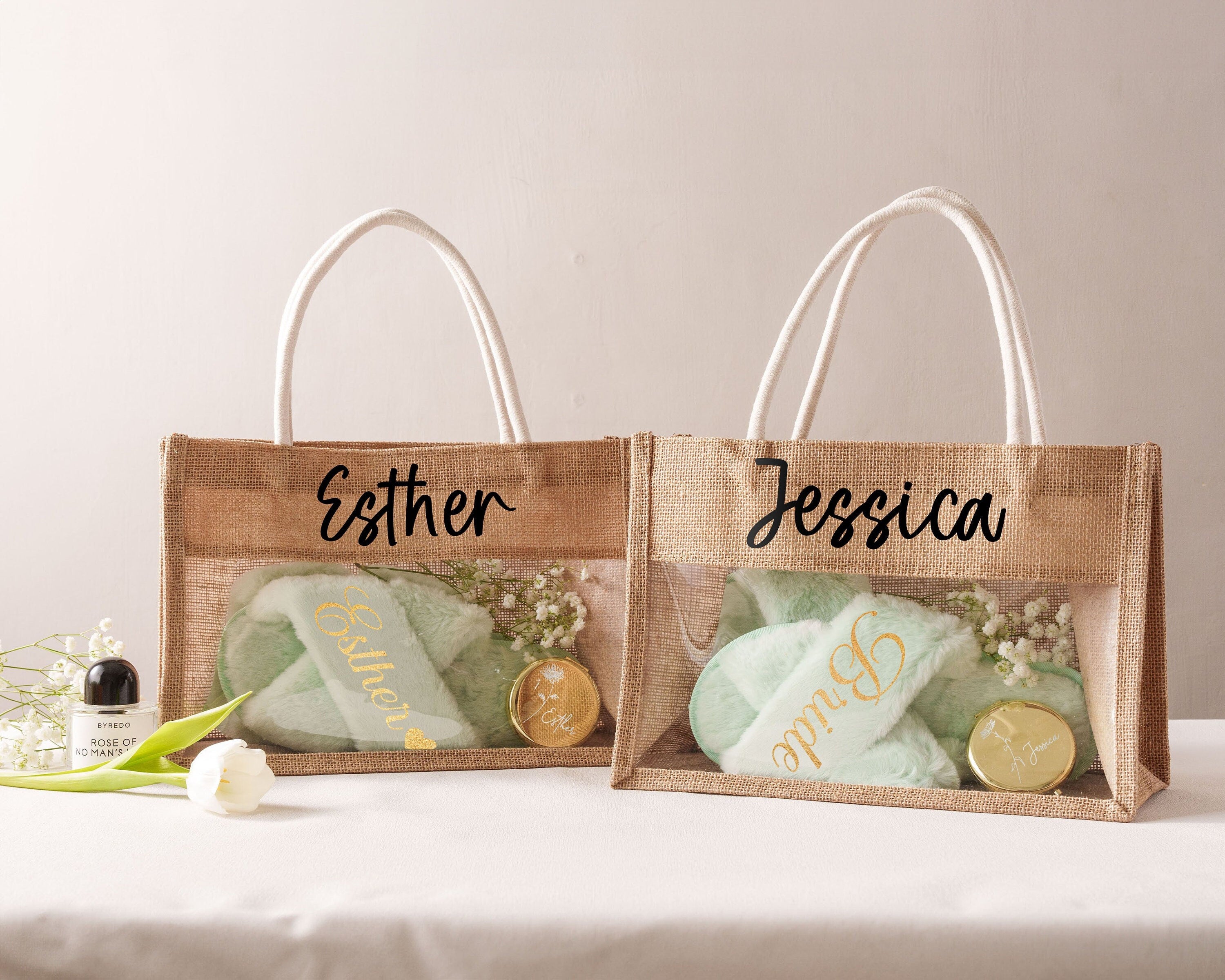 Personalize Jute Bridesmaid Burlap Tote Bags with Name, Bridal Party Beach Bag, Wedding Favor, Bridesmaid Proposal, Custom Reusable Bag Idea