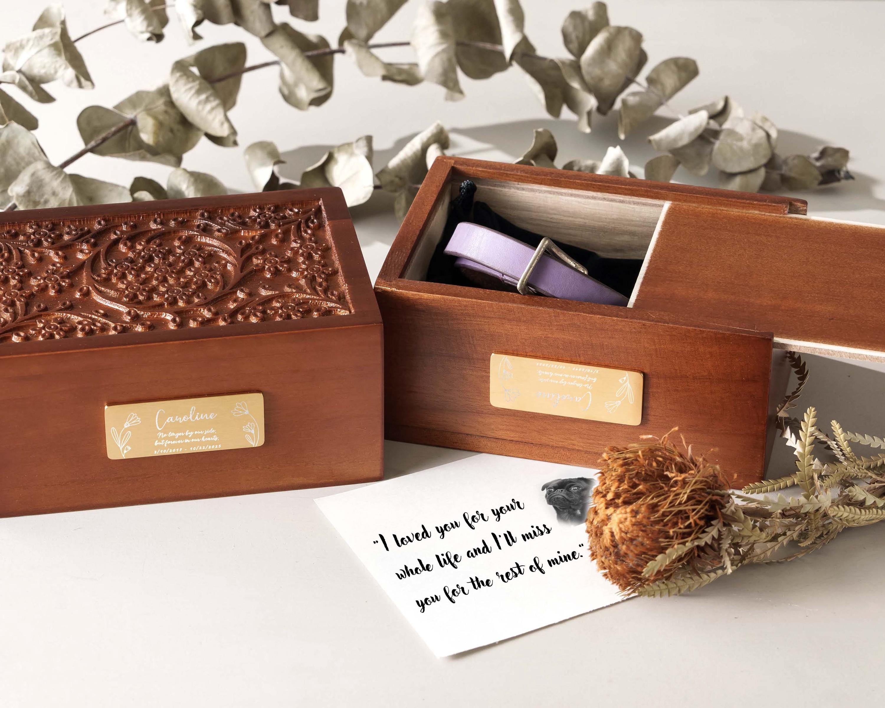 a wooden box with a note inside of it
