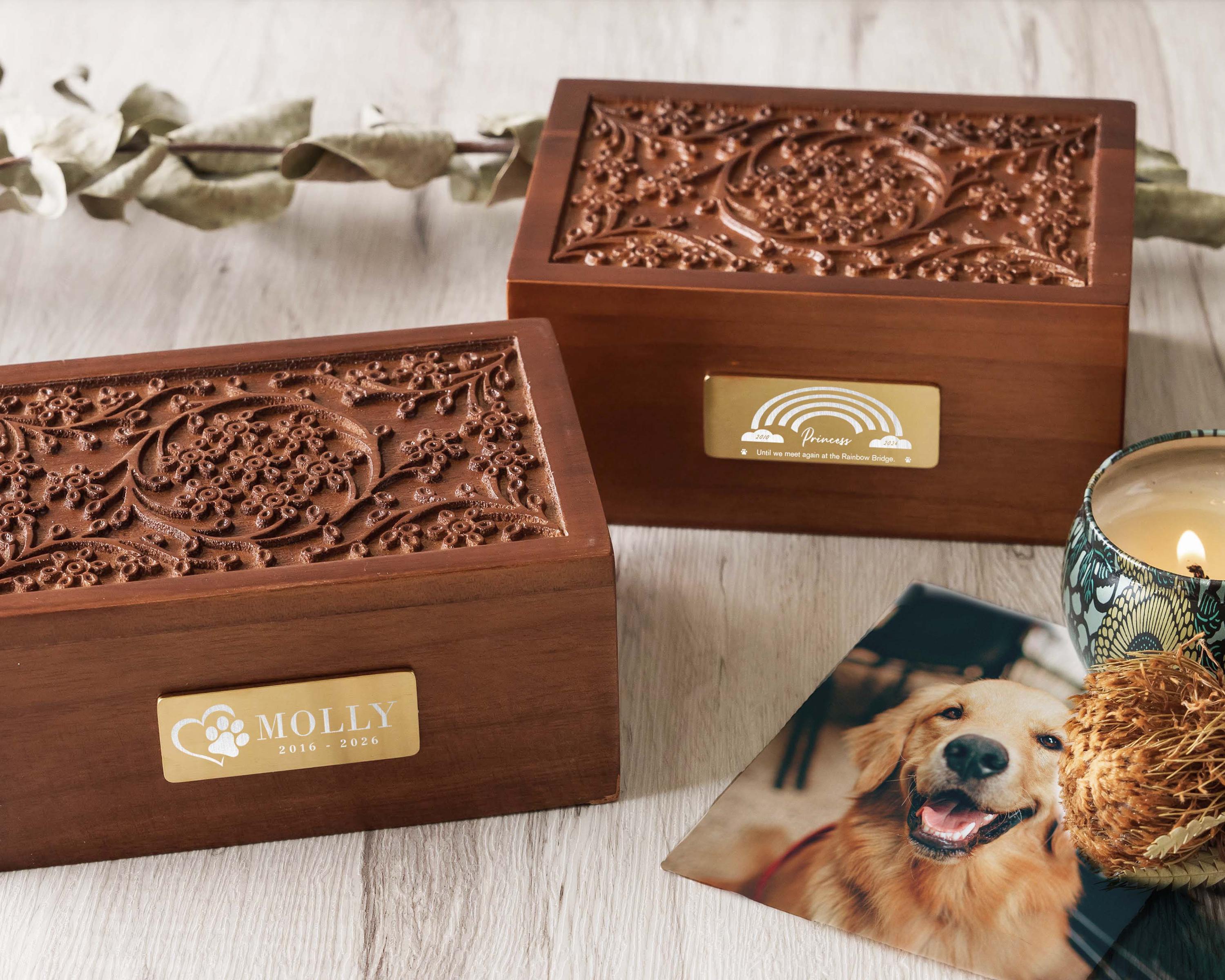 a wooden box with a picture of a dog on it