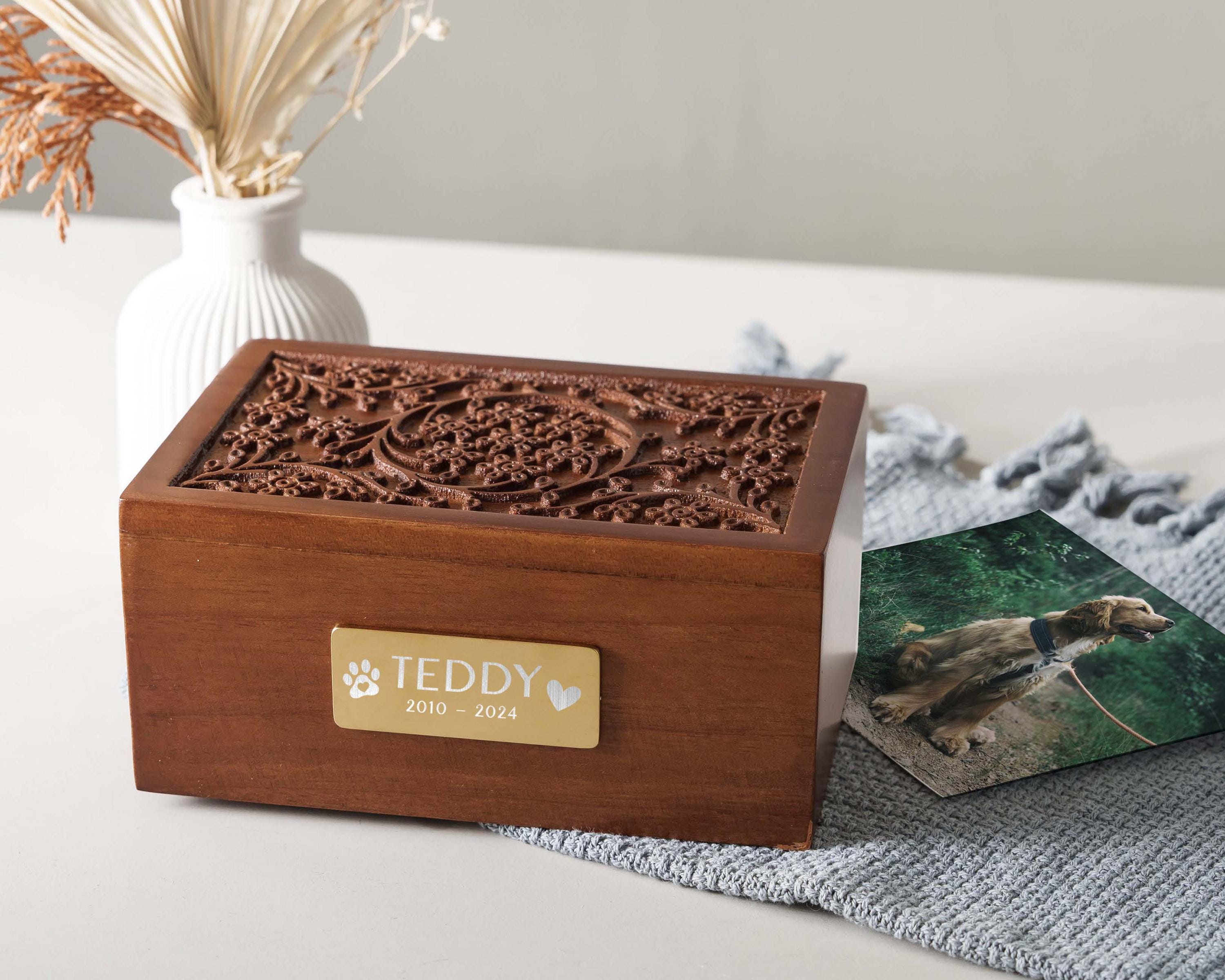 a wooden box with a picture of a dog on it