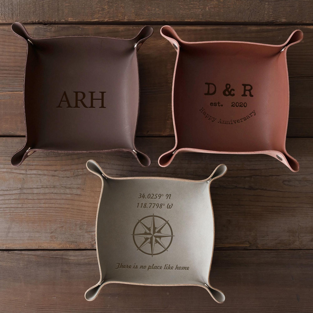 Personalized Leather Valet Tray — Leather Tray, 01, Chestnut, Design F
