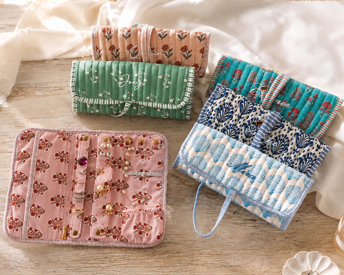 Personalized Floral Block Print Jewelry Roll — product detail 6
