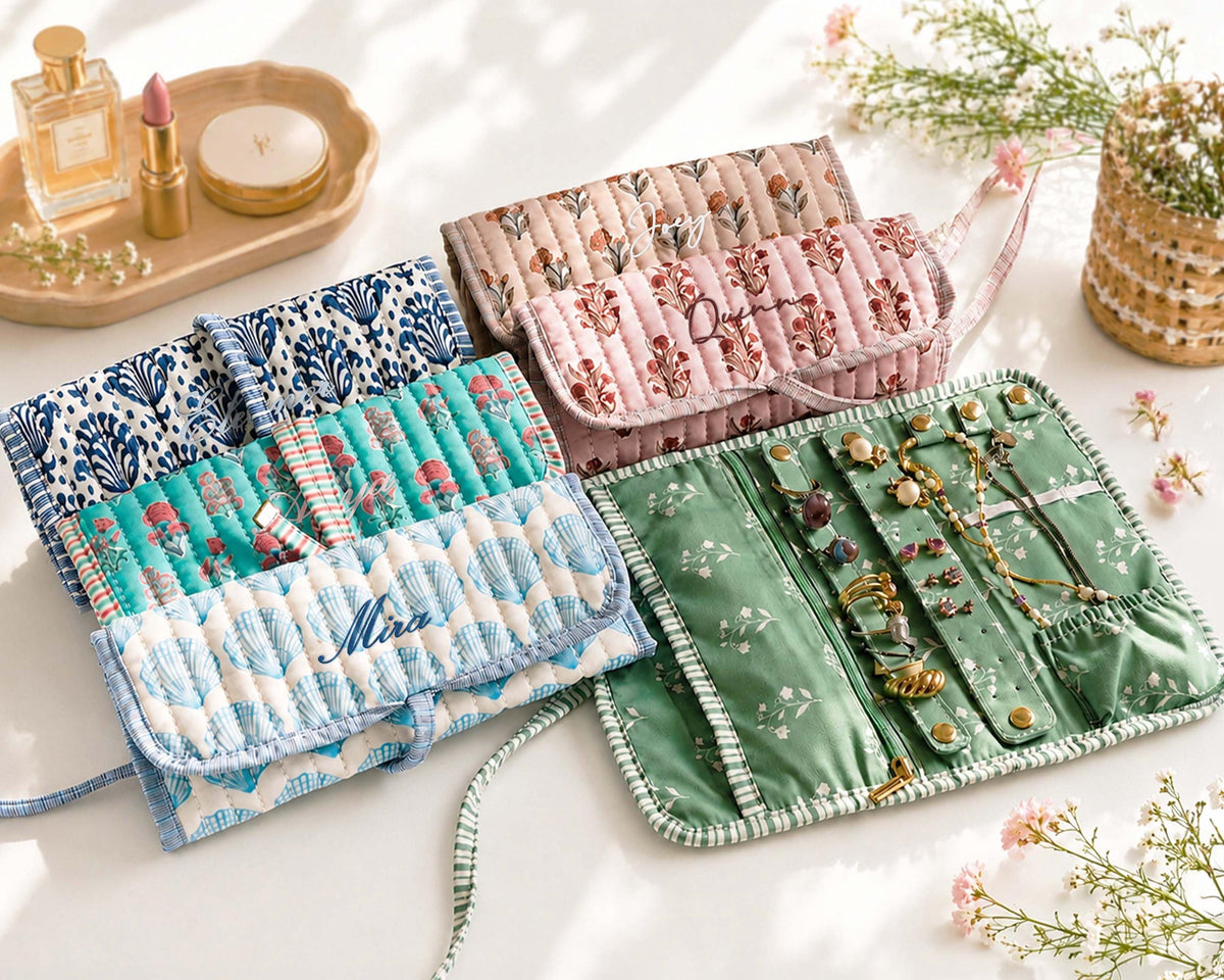 Personalized Floral Block Print Jewelry Roll — product detail 1