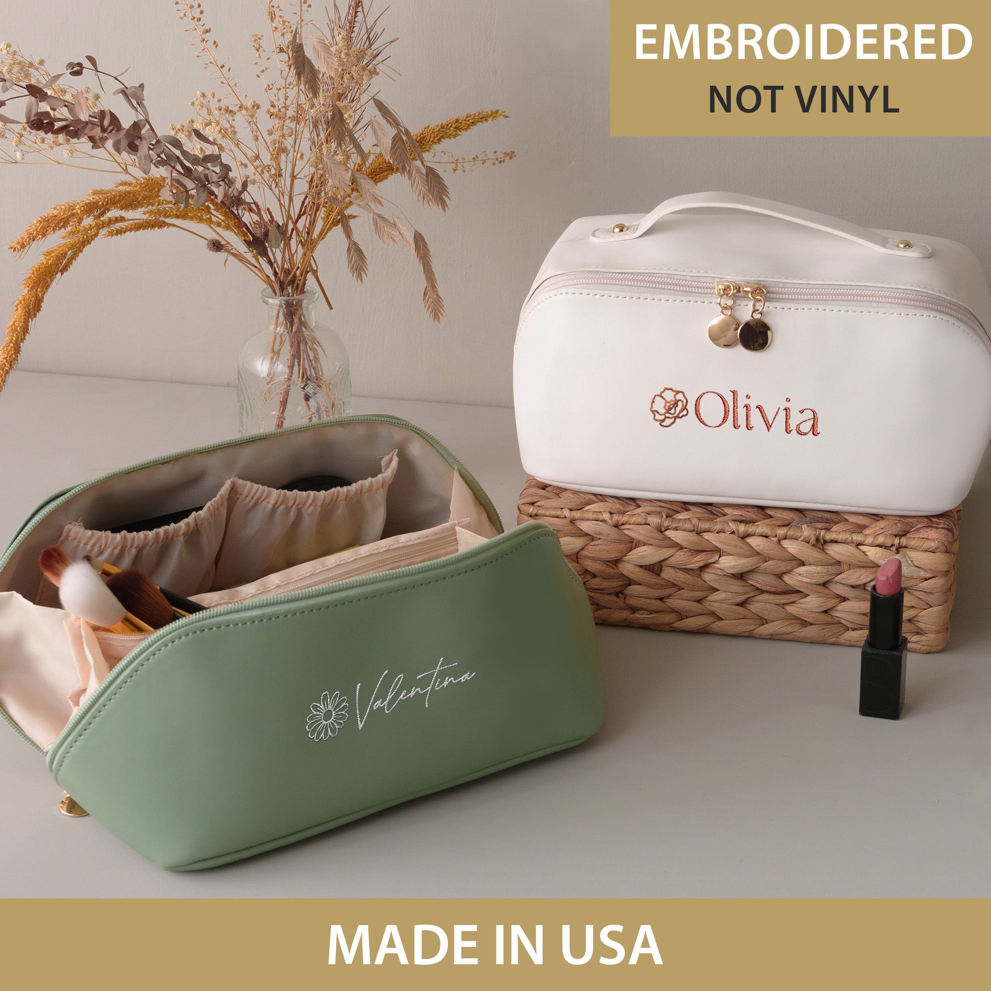 Leather Embroidered Makeup Bag