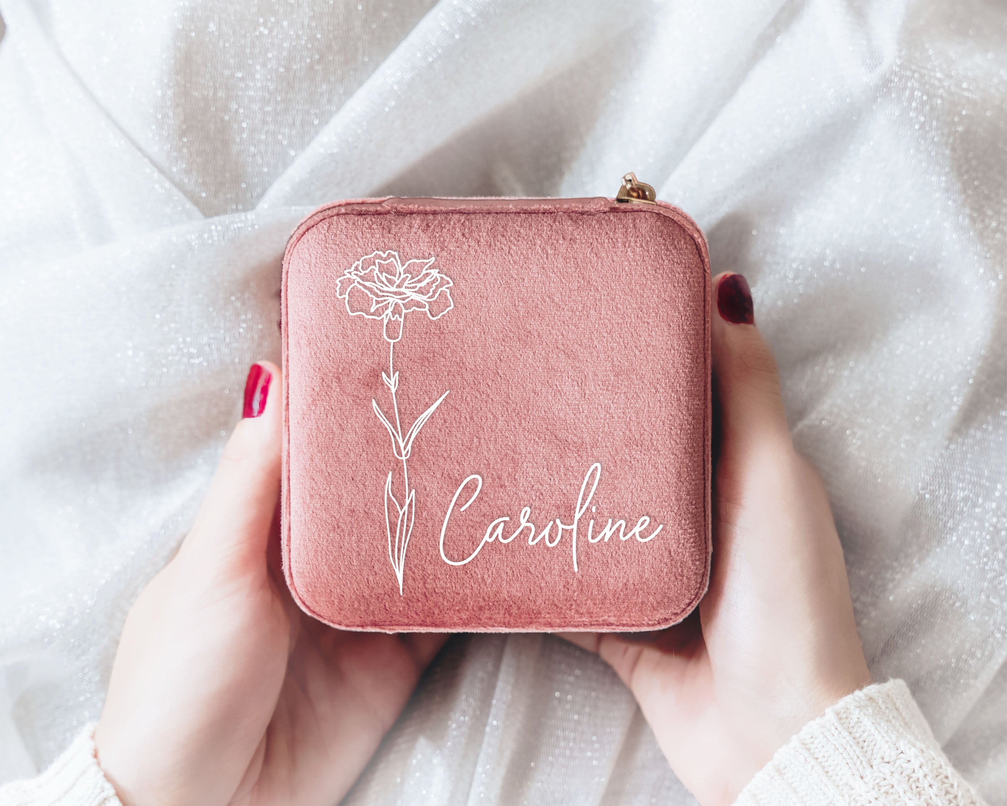 Velvet Jewelry Box with Birth Flower