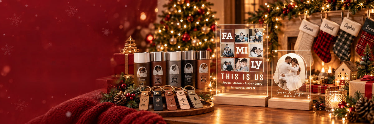 Personalized Christmas gifts: leather photo cigar holders, keychains, family photo plaque and name stockings by the tree