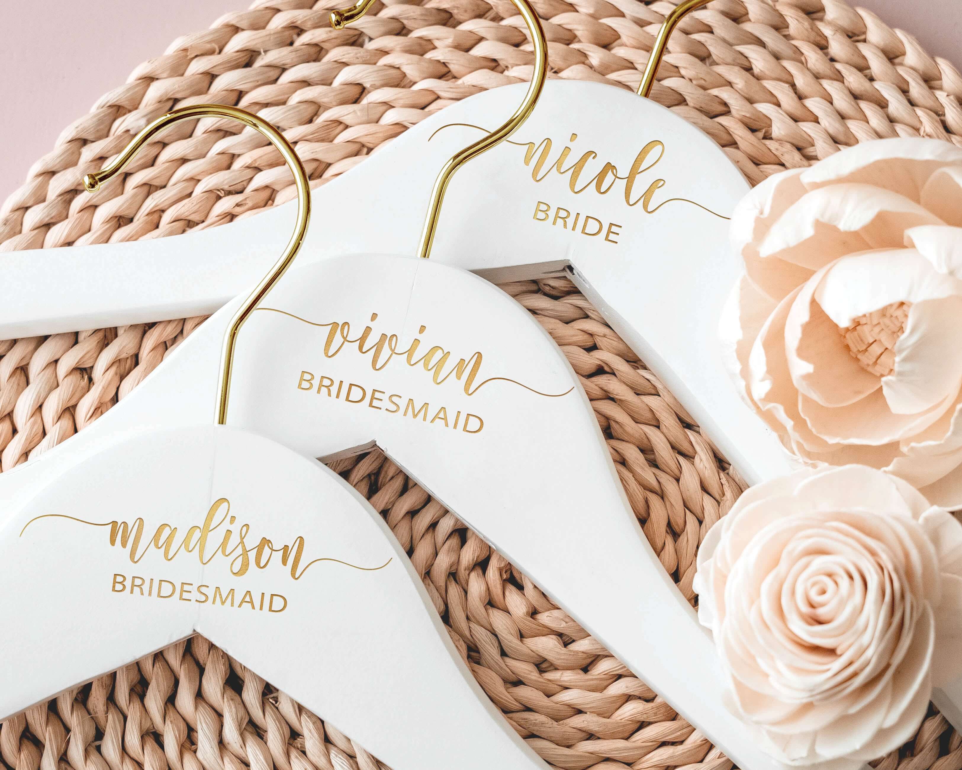 Wedding Dress Hanger - Custom Gold Hook Wedding Dress Hangers with personalized name and wedding role.