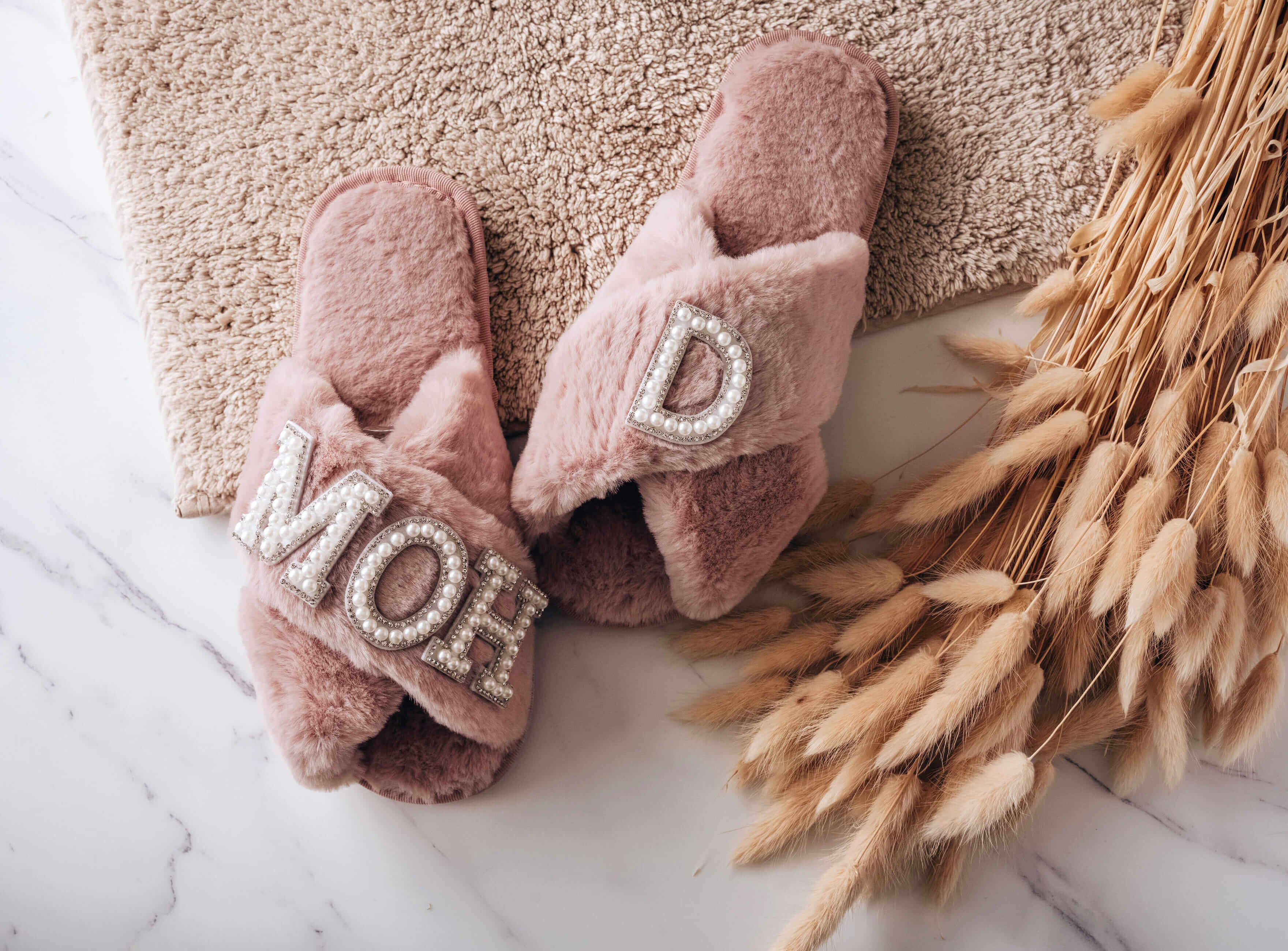 Pearl Bride Slippers - Personalized Blush Slippers with custom pearl rhinestone text design.