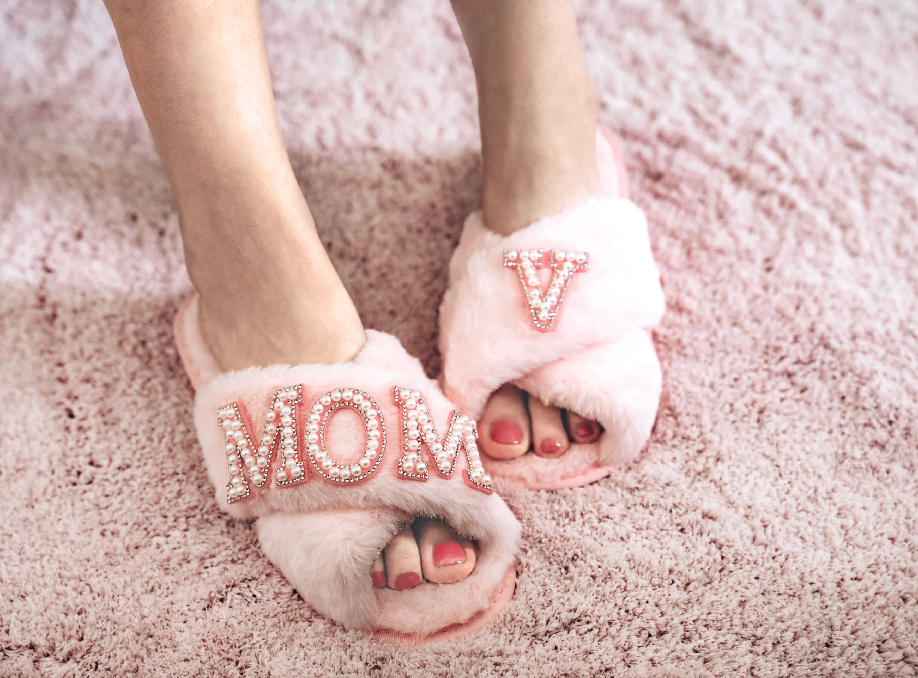 Pearl Bride Slippers - Personalized Nude Pink Slippers with custom pearl rhinestone text design.