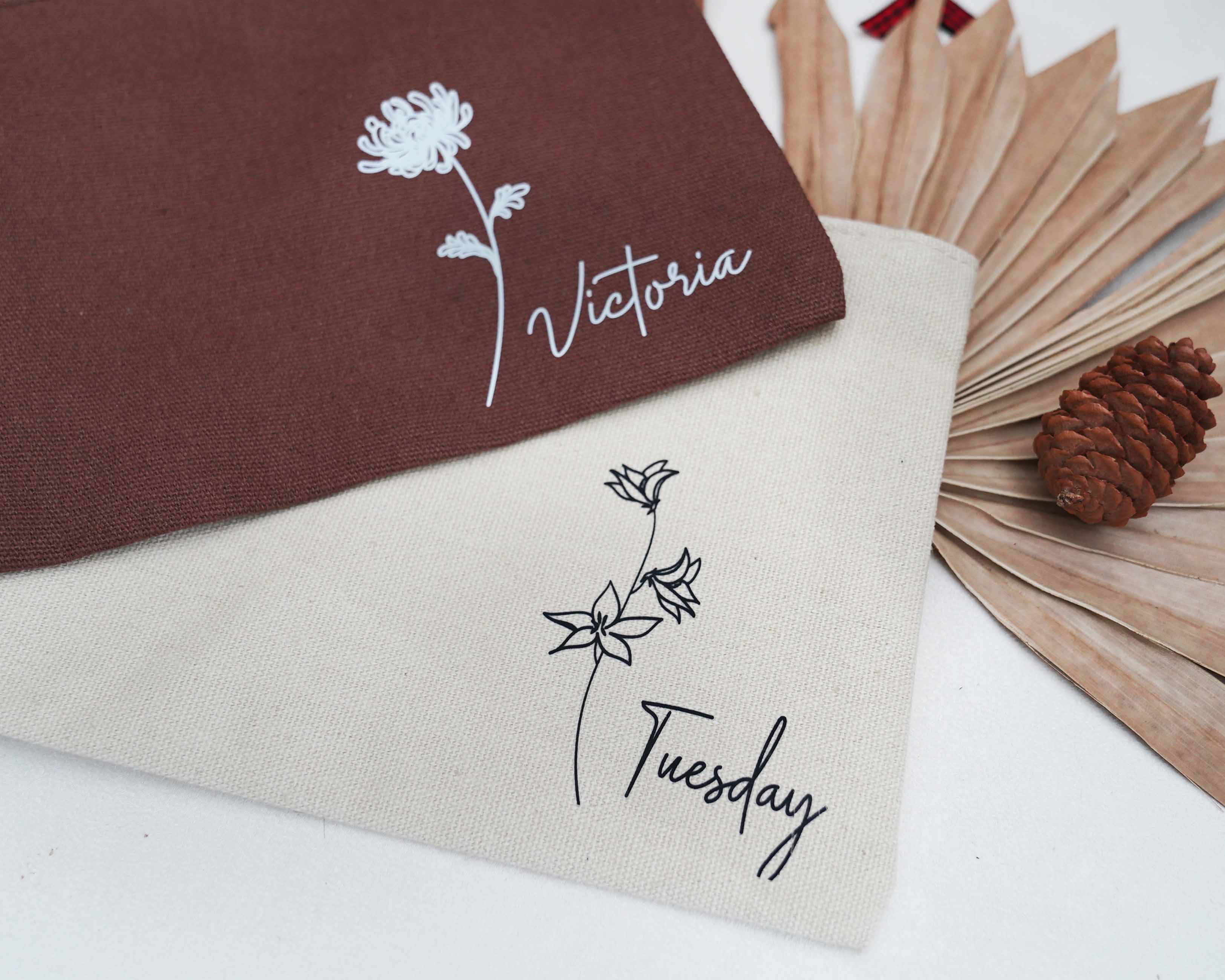 Espresso and oat Personalized Cosmetic Bags with birth flower image and name.