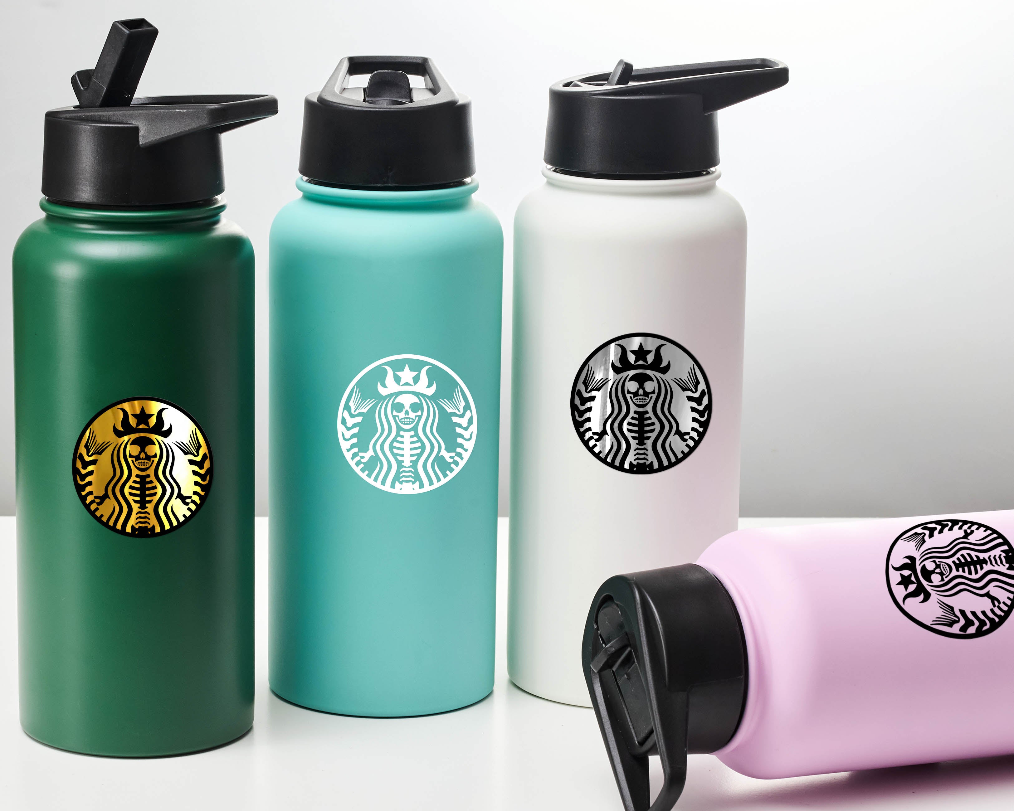 The Custom Water Bottle features stylish skeleton icon vinyl decal with 6 color options.