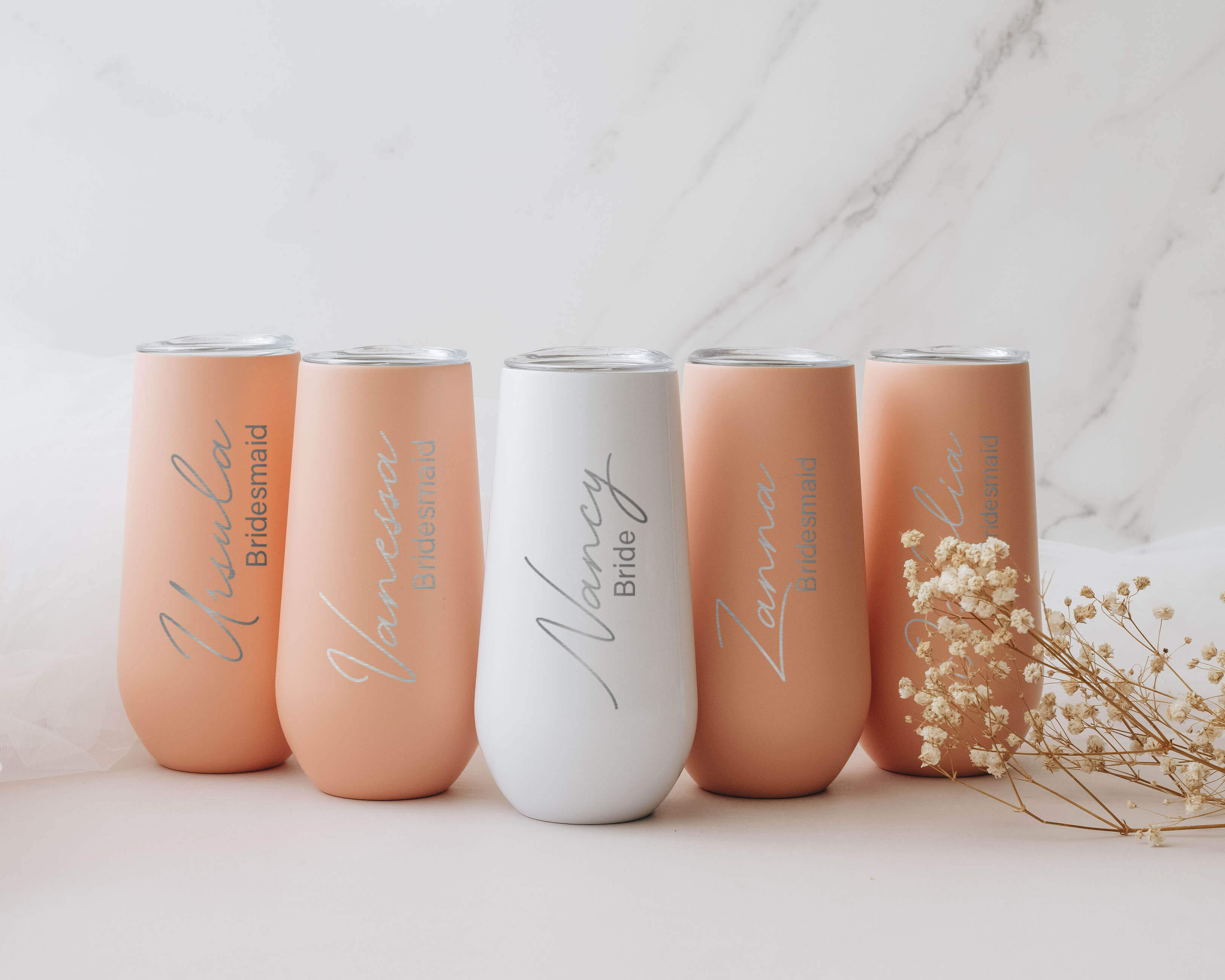 Bridesmaid Tumbler - Customize bridesmaid gifts with personalized pink and white bridesmaid tumblers, available in gold, black, silver, rose gold, and white colors. These tumblers feature their names, making them the perfect addition to any bridesmaid gif