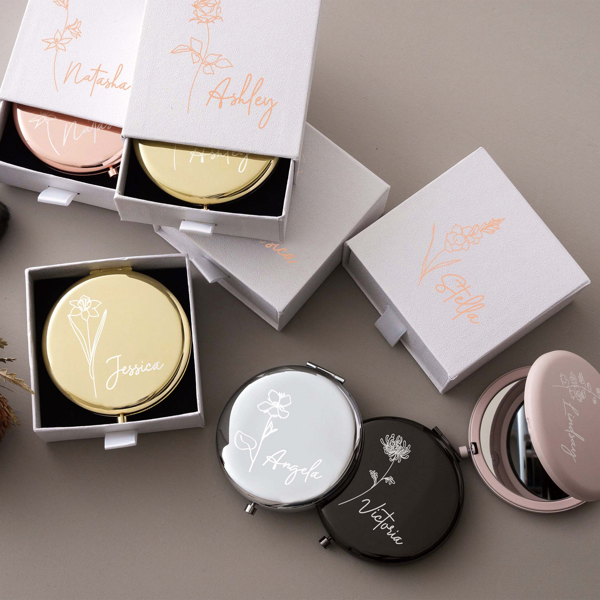 Compact Mirror with Birth Flower Design