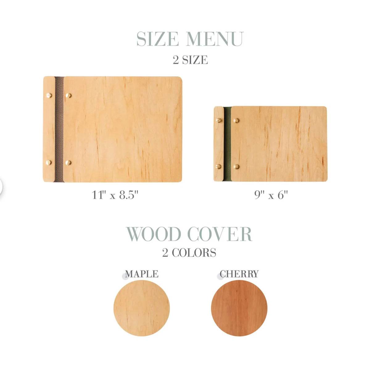 Guest book size menu: 11 x 8.5 in and 9 x 6 in, maple or cherry wood cover