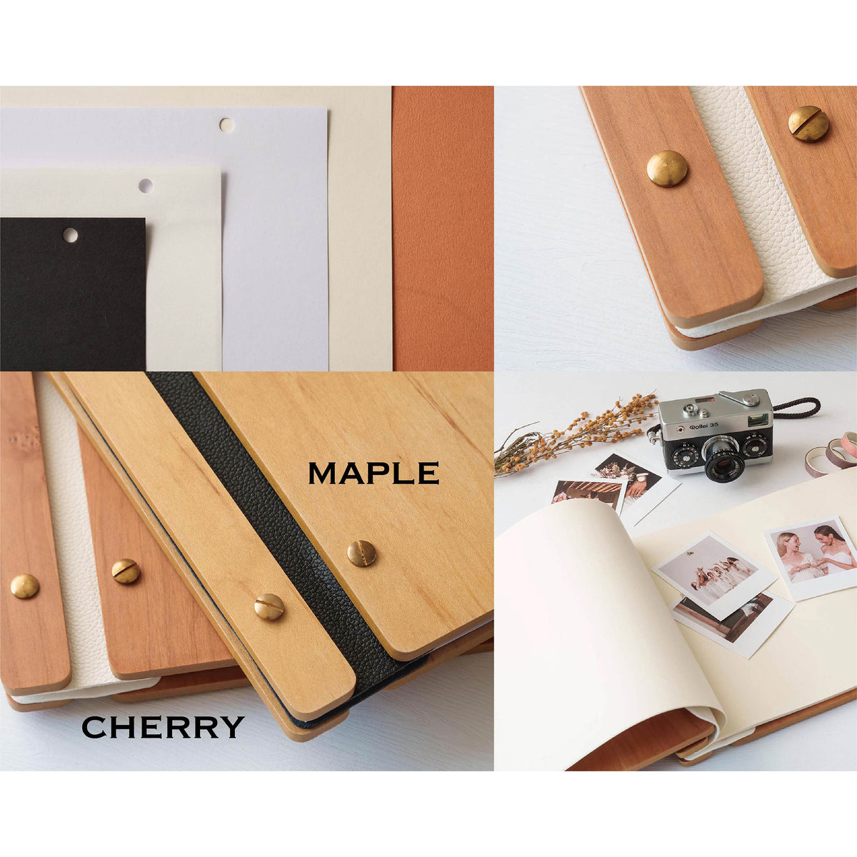 Close-ups of maple and cherry wood covers, leather spine and screw posts