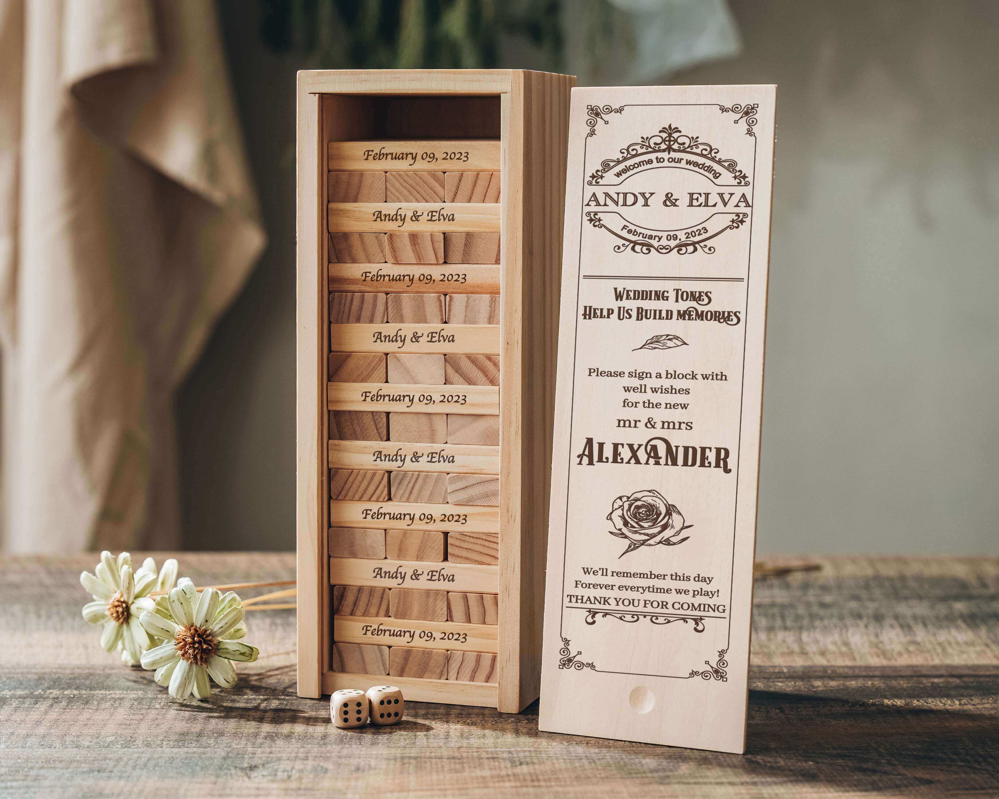 Experience the joy of our Custom Jenga Wedding Guest Book, customized with your names and wedding date. This unique and interactive guest book is the perfect addition to your wedding day.