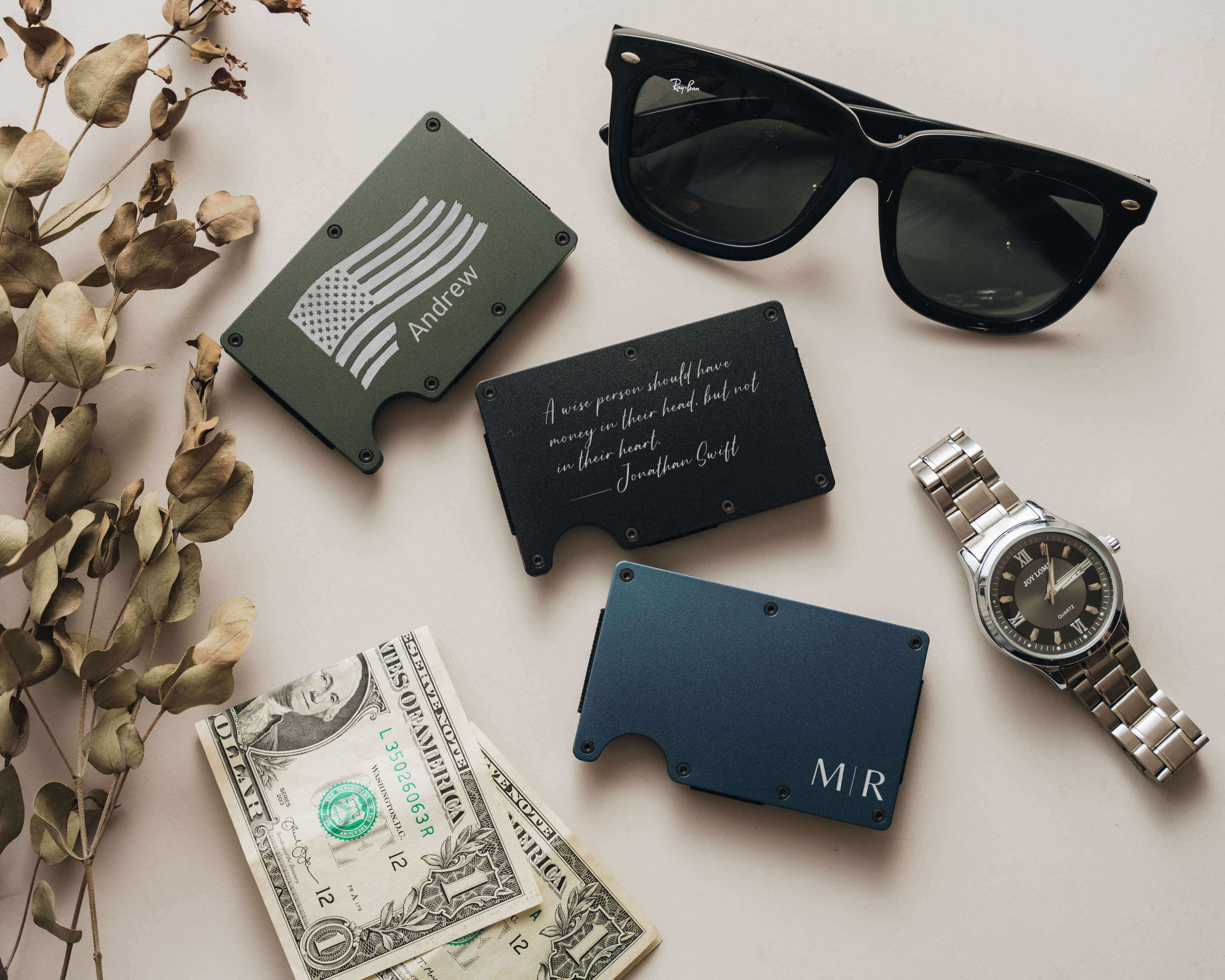 Custom Metal Wallet - Custom Black, Army Green and Blue Metal Wallet with personalized initial, text and name. The perfect card holder for dad, boyfirend and husband.