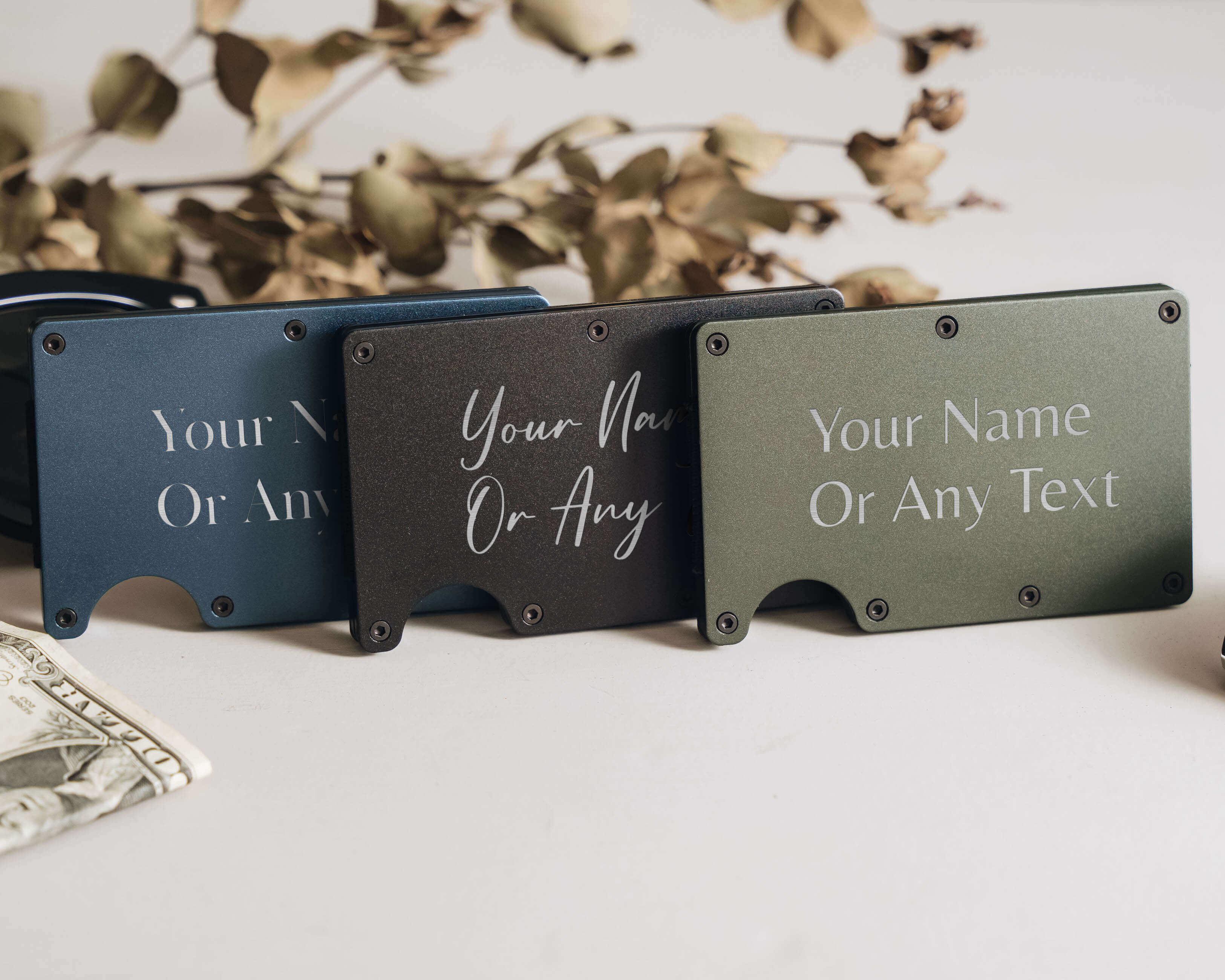 Custom Metal Wallet - Custom Black, Army Green and Blue Metal Wallet with personalized initial, name and text. The perfect card holder for dad, boyfirend and husband.