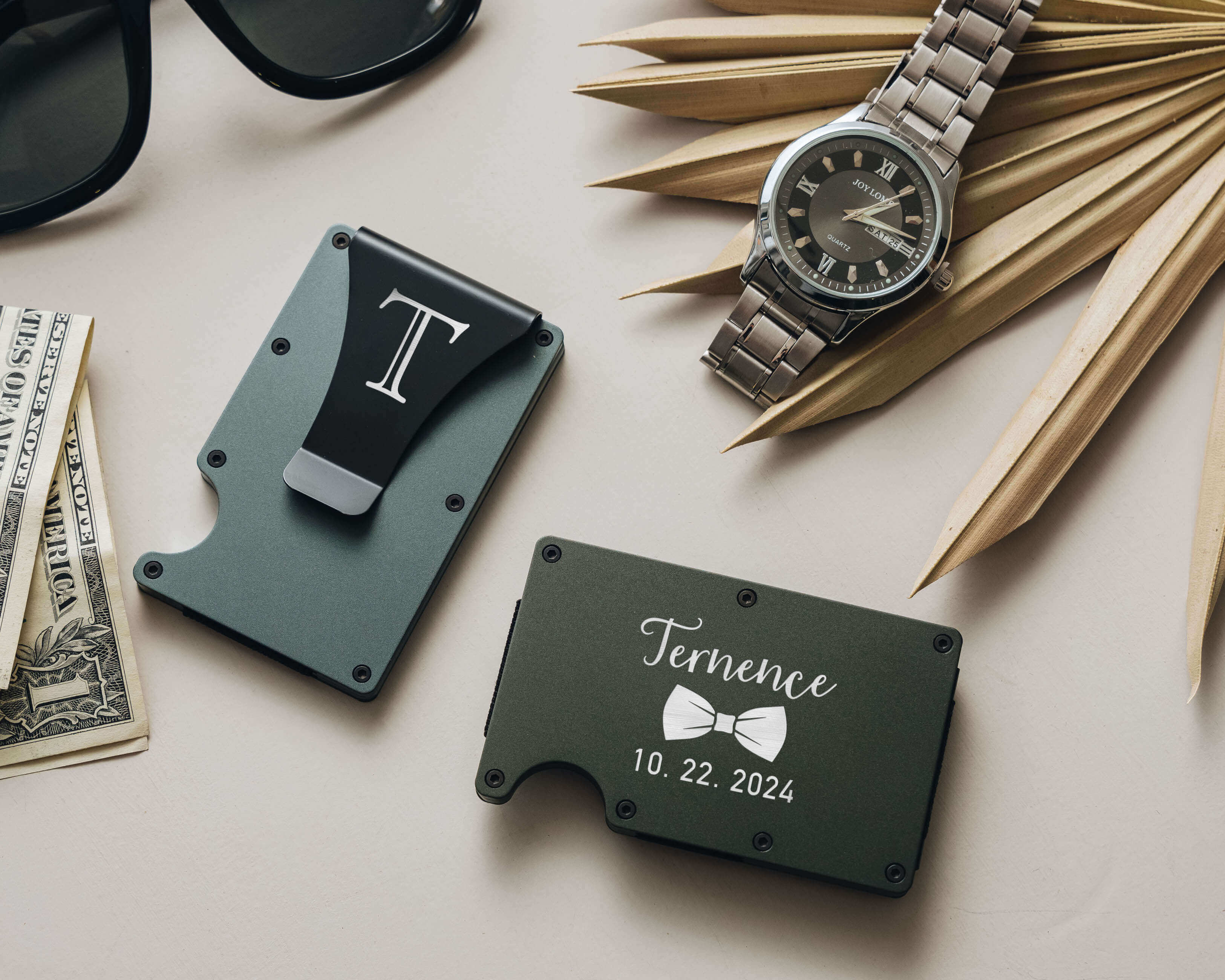 Custom Metal Wallet - Custom Army Green Metal Wallet with personalized initial, name and date. The perfect card holder for dad, boyfirend and husband.