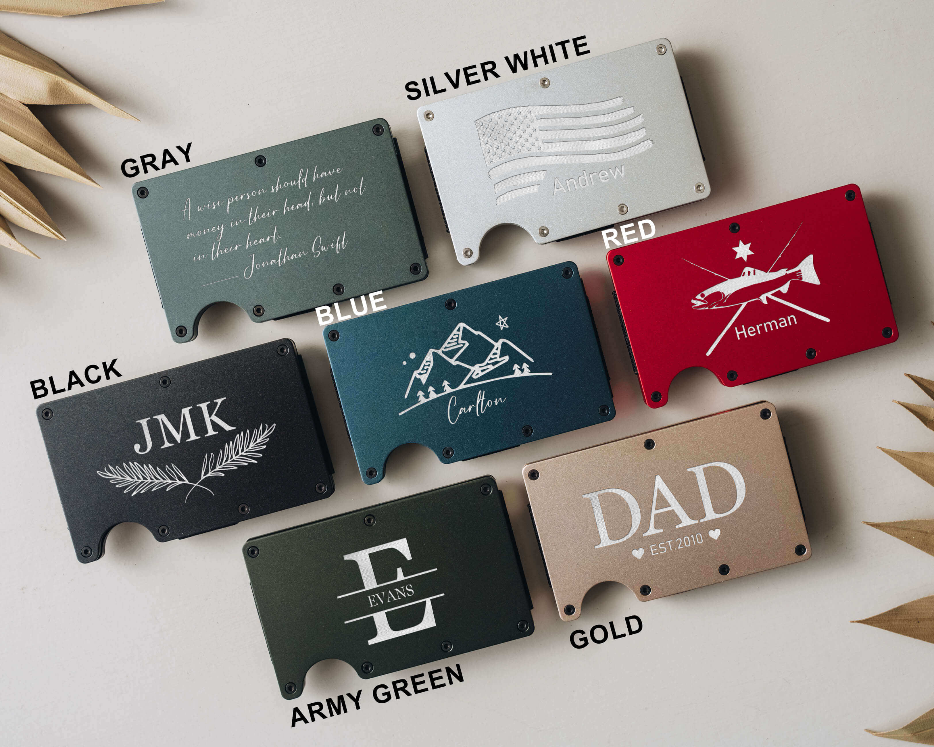 Custom Metal Wallet - Custom Metal Wallet with personalized name, text and initial. The perfect card holder for dad, boyfirend and husband. Available in gray, silver white, black, blue, red, army green and gold.