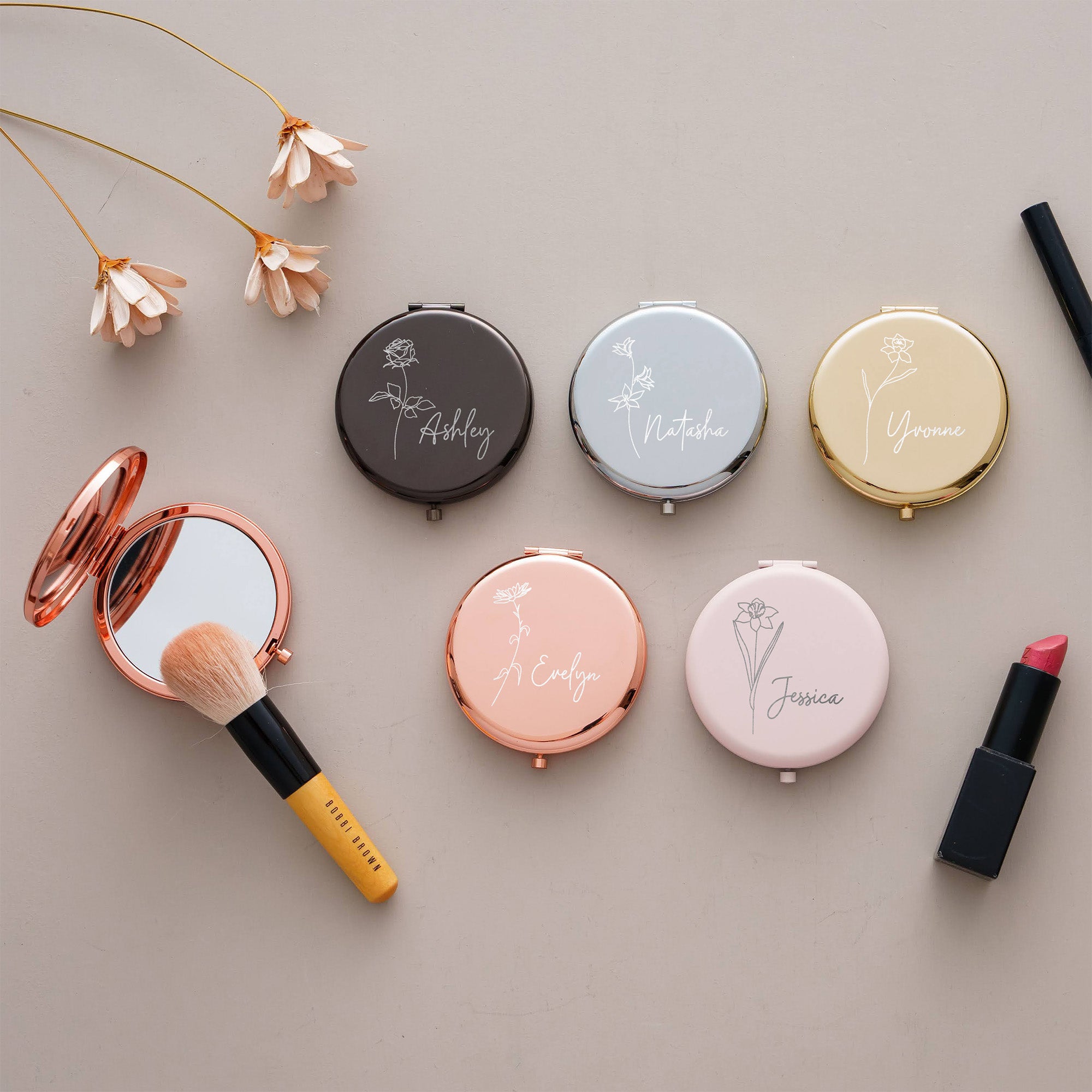 Compact Mirror with Birth Flower Design