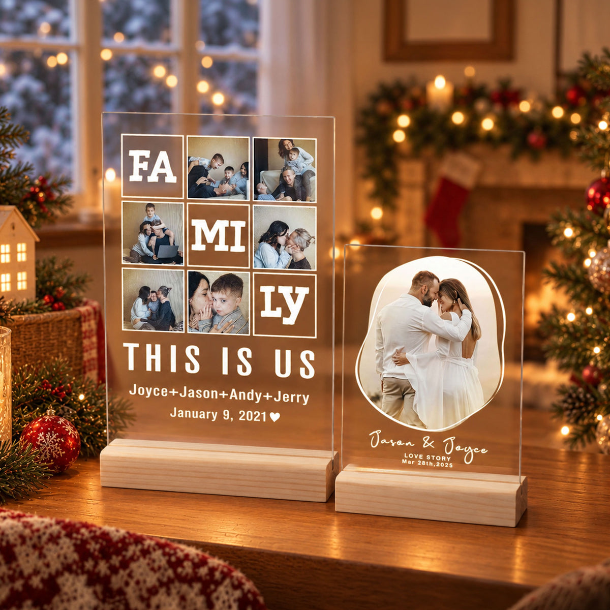 Personalized family photo collage acrylic plaque and couple photo plaque on wooden stands, Christmas gift
