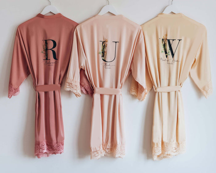 Red Robe R Initial Chiffon Flower Initial Personalized Ruffle Robes | Hundred Hearts