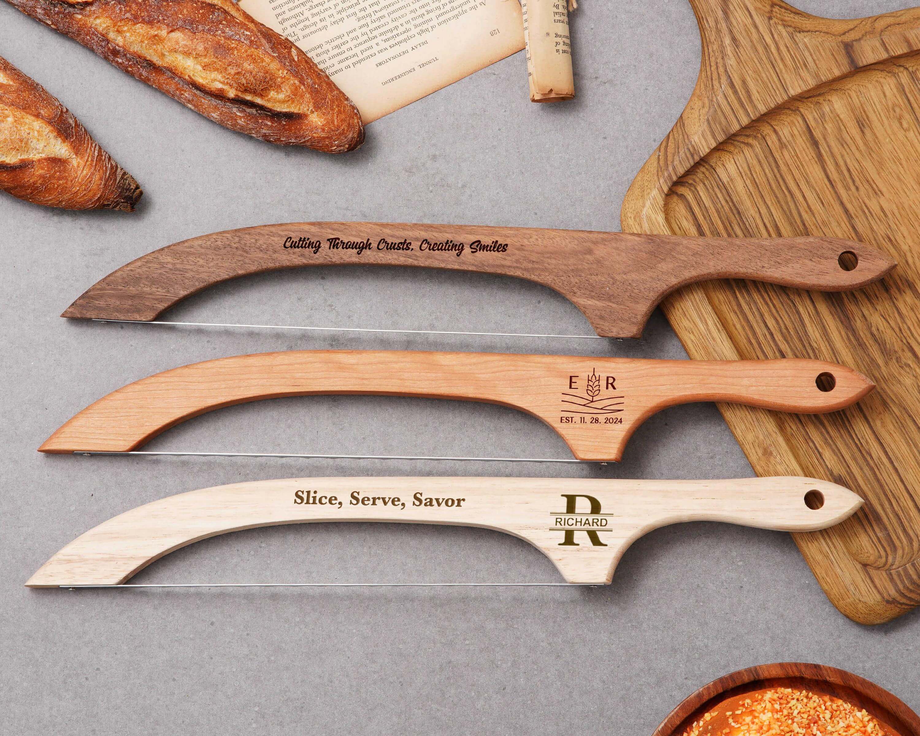 a group of knives sitting on top of a wooden cutting board