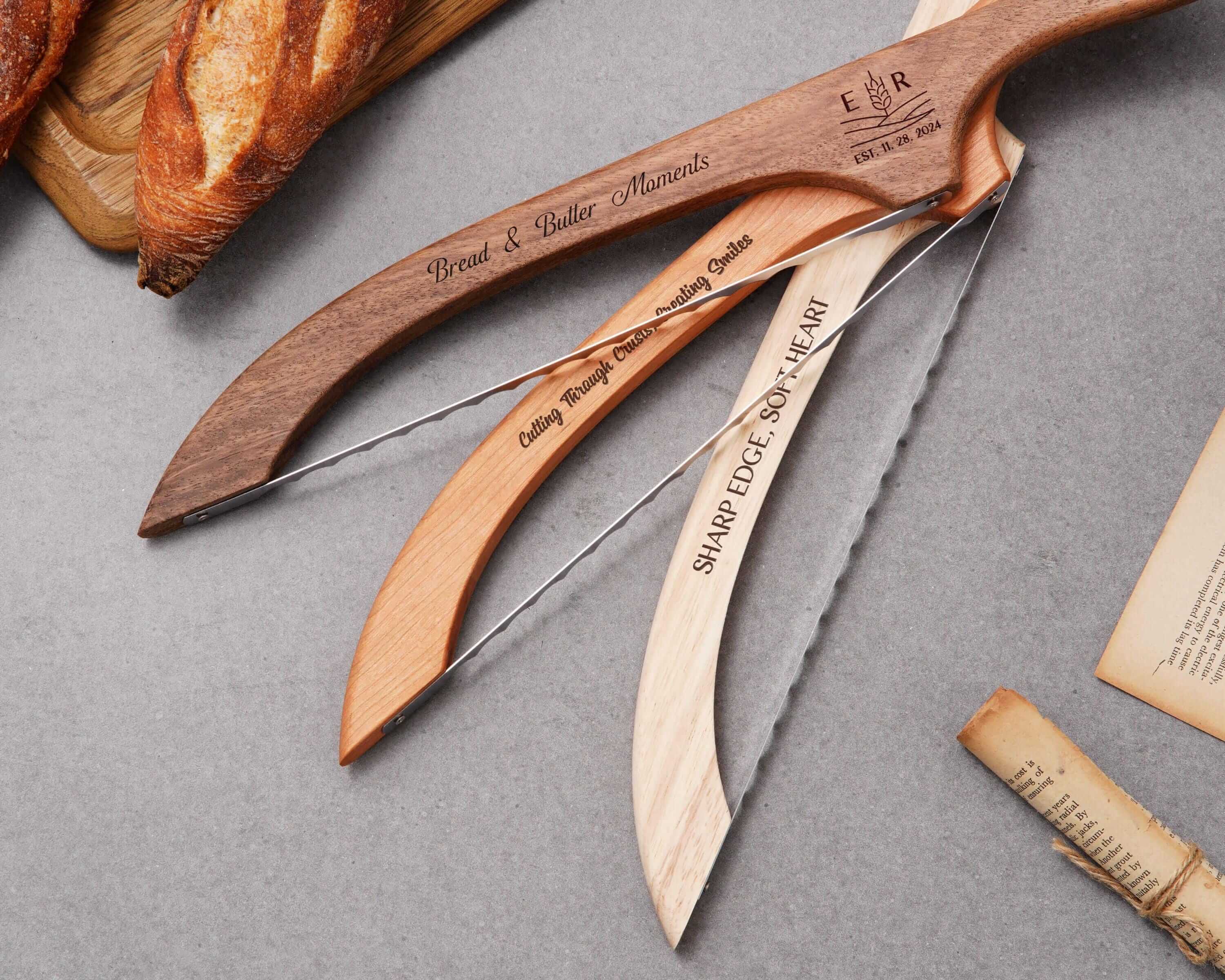 a pair of wooden scissors sitting on top of a cutting board