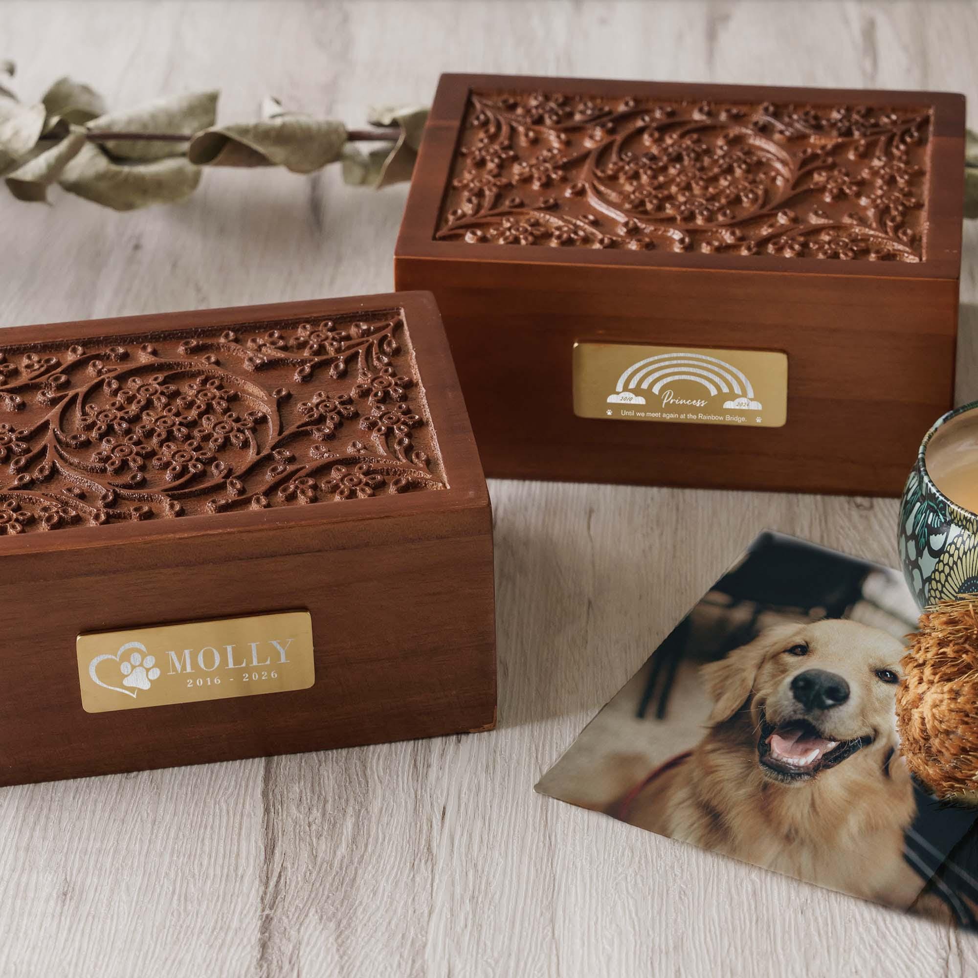 a wooden box with a picture of a dog and a candle