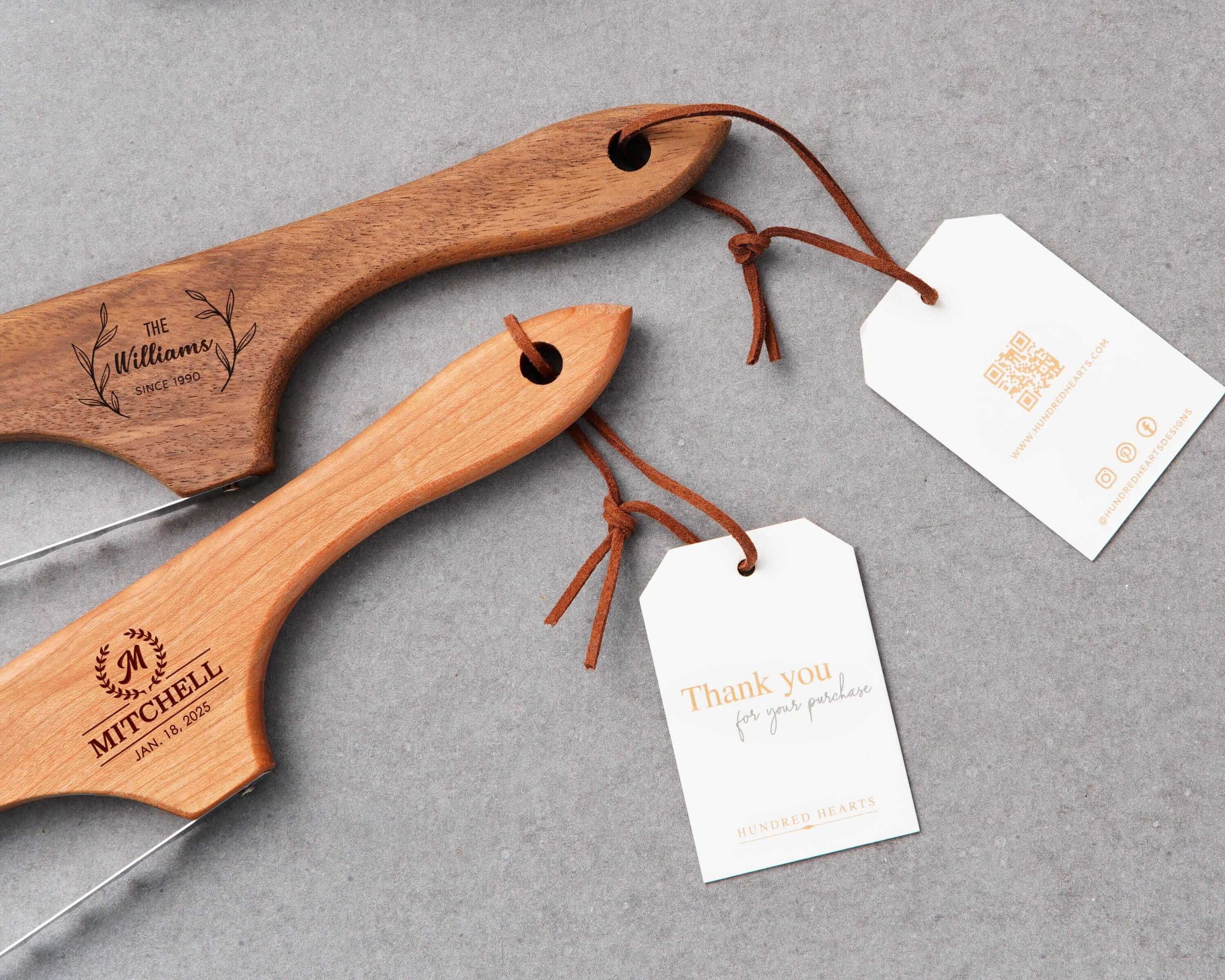 a wooden knife with a tag attached to it