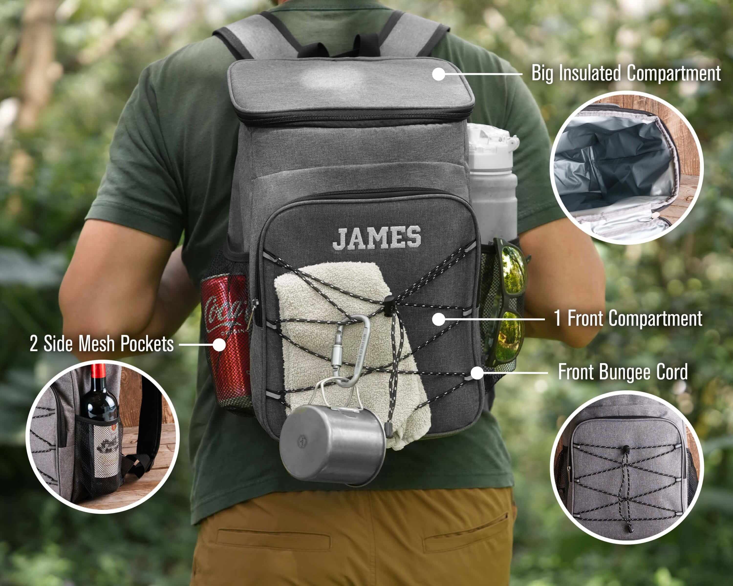 a man carrying a backpack with a bottle of wine in it