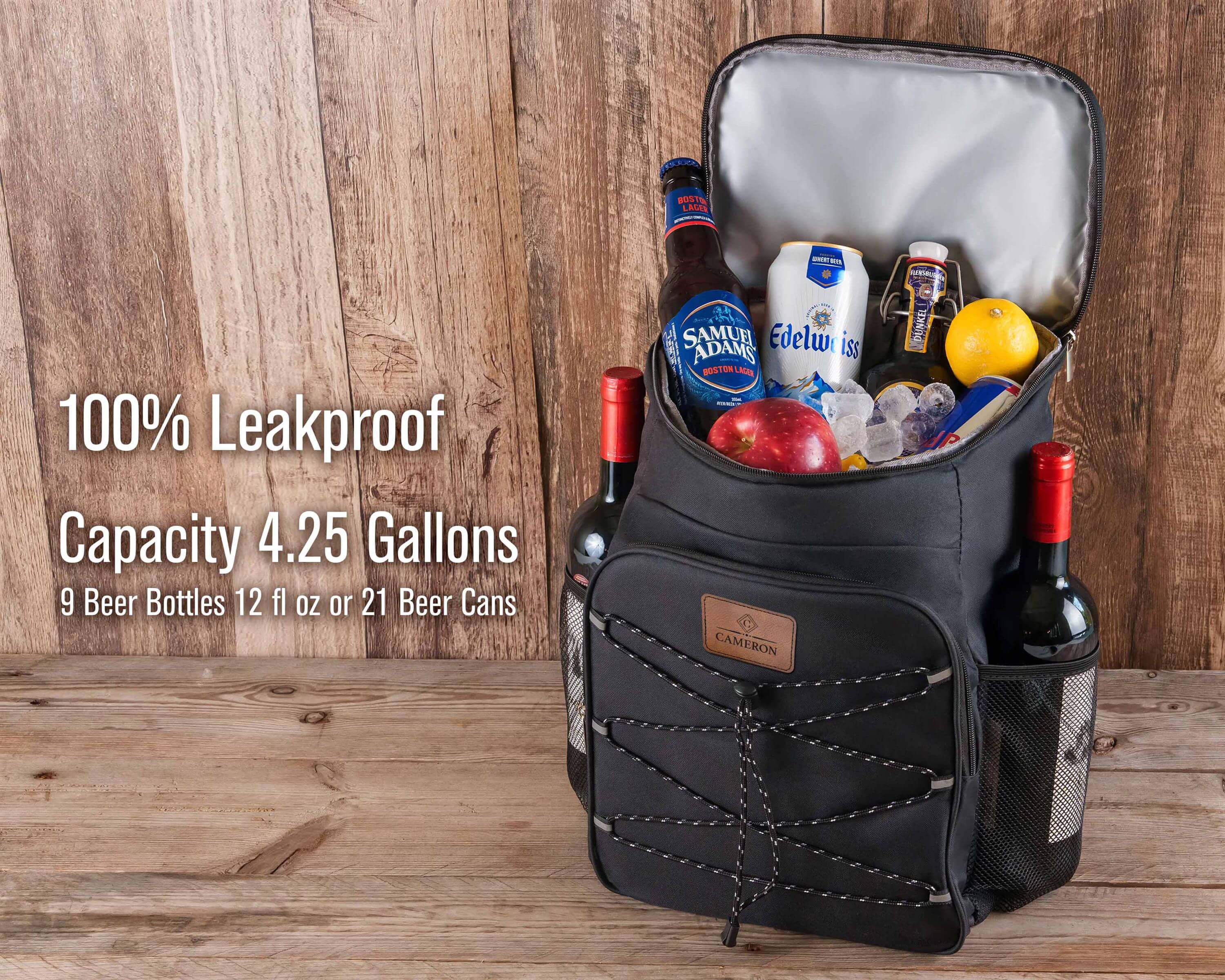 a back pack filled with beer and snacks