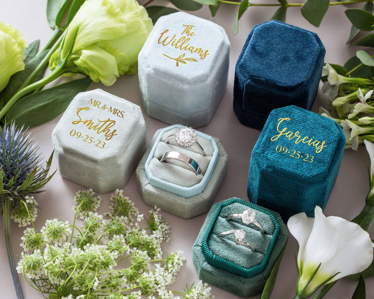 Classic Octagon Velvet Ring Box — Classic size velvet ring box 2 slots, Octagon, Steel Blue, Foil monogram