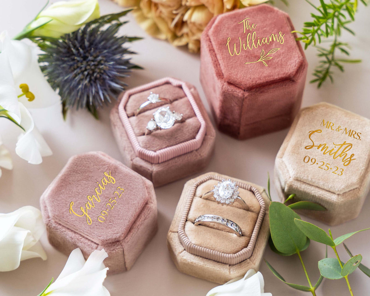 Classic Octagon Velvet Ring Box — Classic size velvet ring box 2 slots, Octagon, Rosewood, Foil monogram