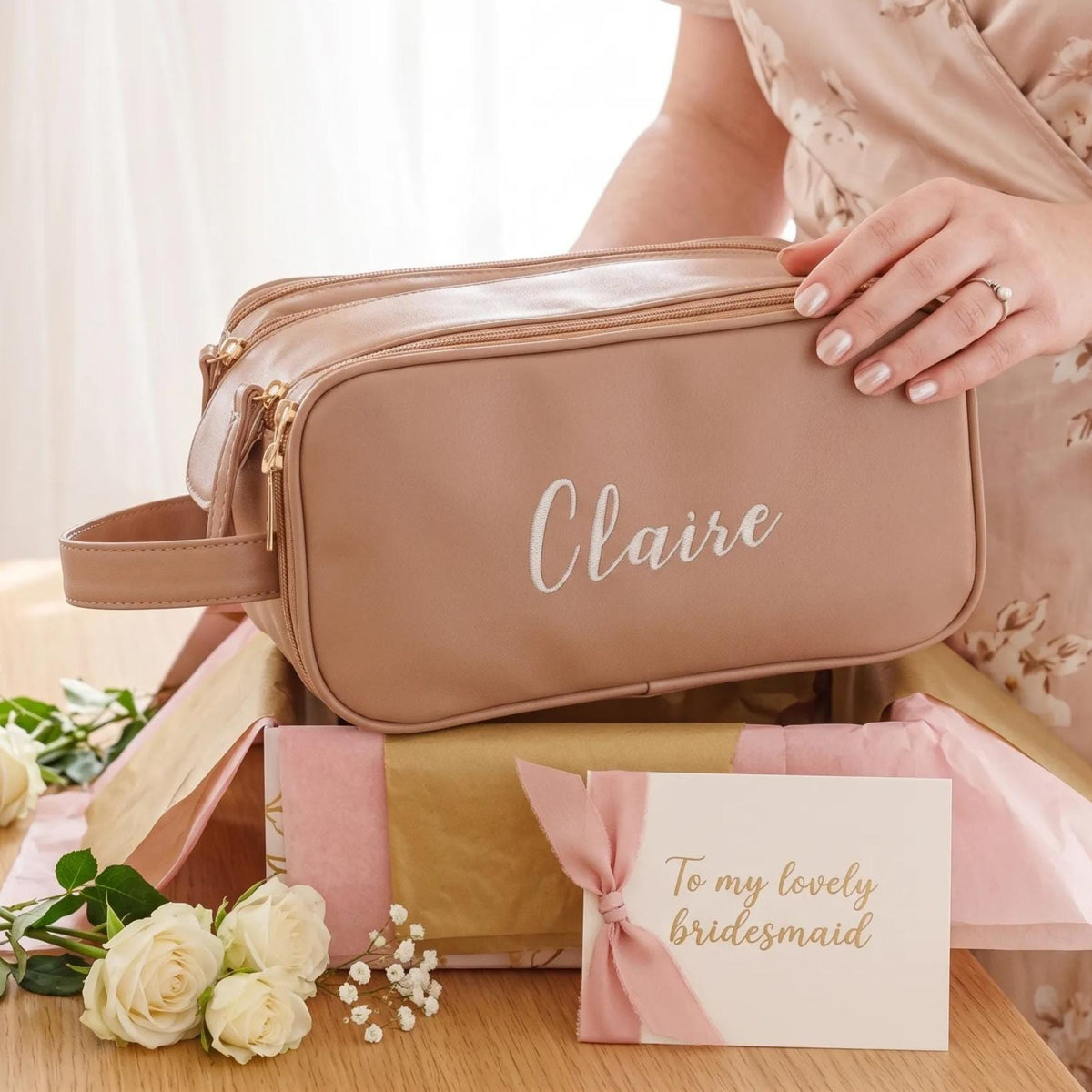 Personalized Cosmetic Bag with Side Handle — Cosmetic Bag with Side Handle, White, Engraving