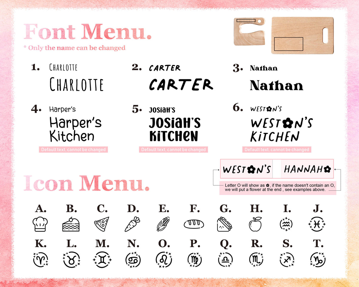 Personalized Wooden Kids Knife and Cutting Board — personalization choice chart