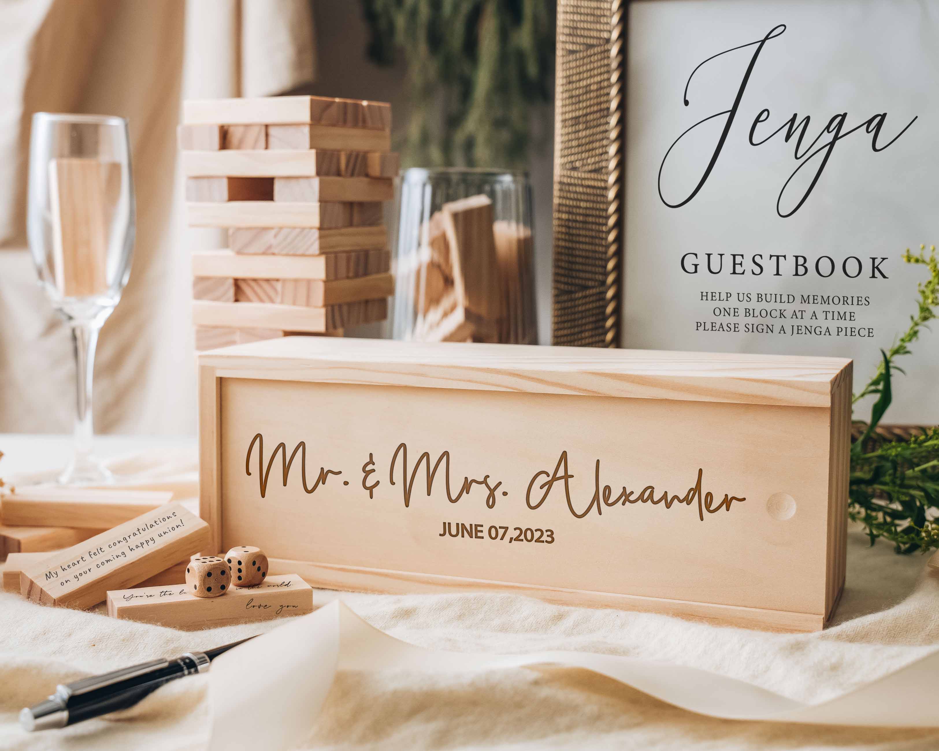 Experience the joy of our Custom Jenga Wedding Guest Book, customized with your names and wedding date. This unique and interactive guest book is the perfect addition to your wedding day.